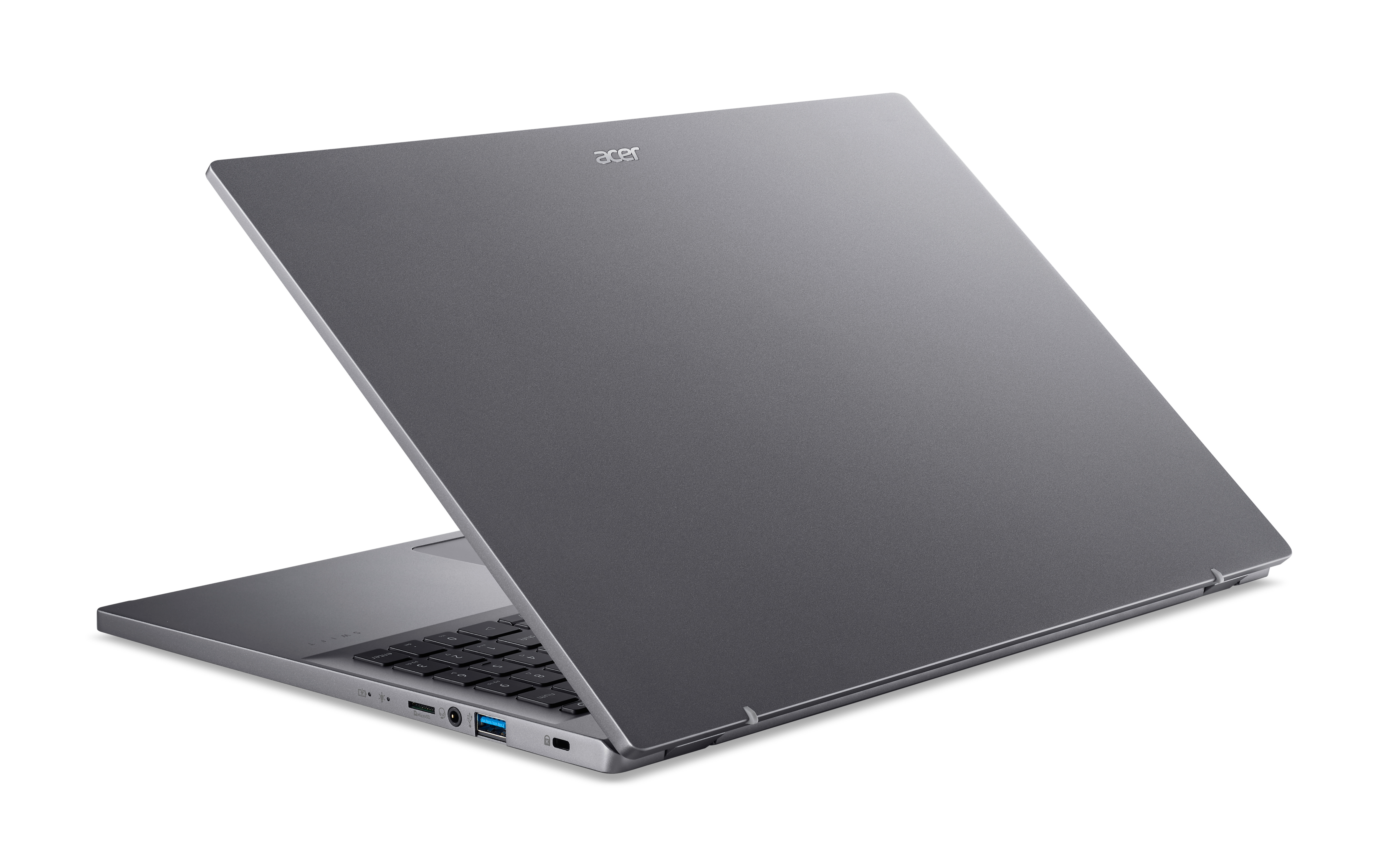 Un laptop Acer grigio, vista posteriore, leggermente aperto, su sfondo bianco.