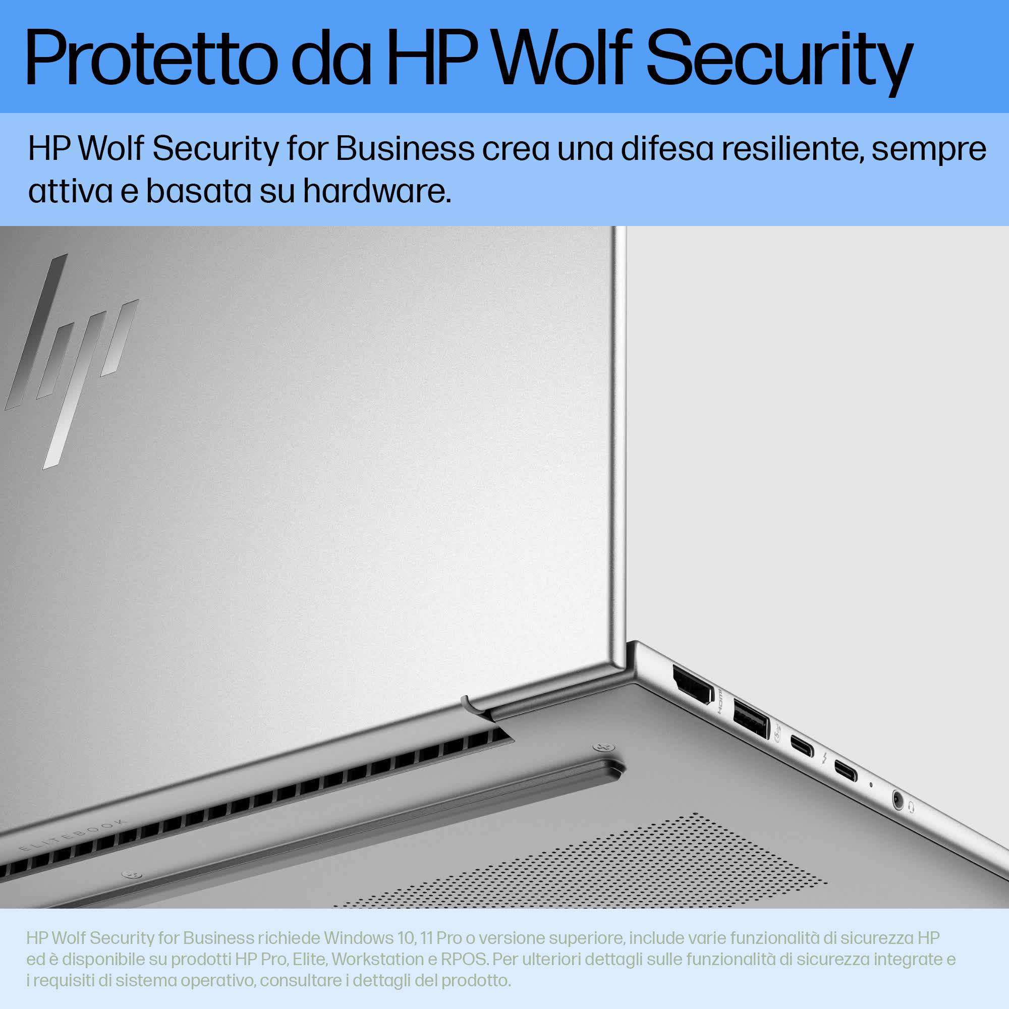 Un laptop argentato con il logo HP. Testo: Protetto da HP Wolf Security. È visibile la parte inferiore del laptop.