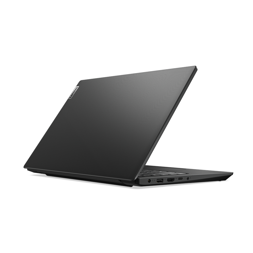 Kapalı, siyah dizüstü bilgisayar. Dizüstü bilgisayarın arkasını gösteriyor, arkada Lenovo logosu.