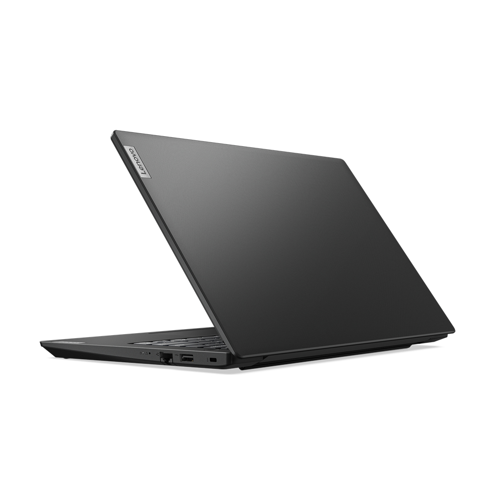 Siyah Lenovo dizüstü bilgisayar, hafif açık, açılı görünüm.