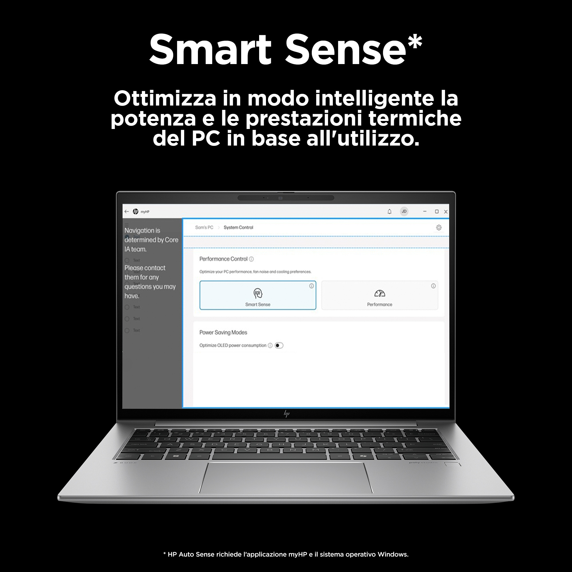 Schermo del laptop che mostra un'interfaccia con testo. Smart Sense evidenziato.