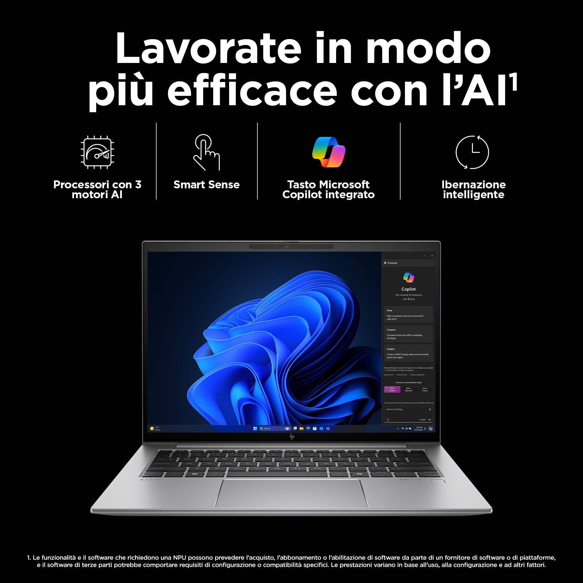 Un laptop con il testo: Lavora in modo più efficiente con l'IA, e alcune icone.