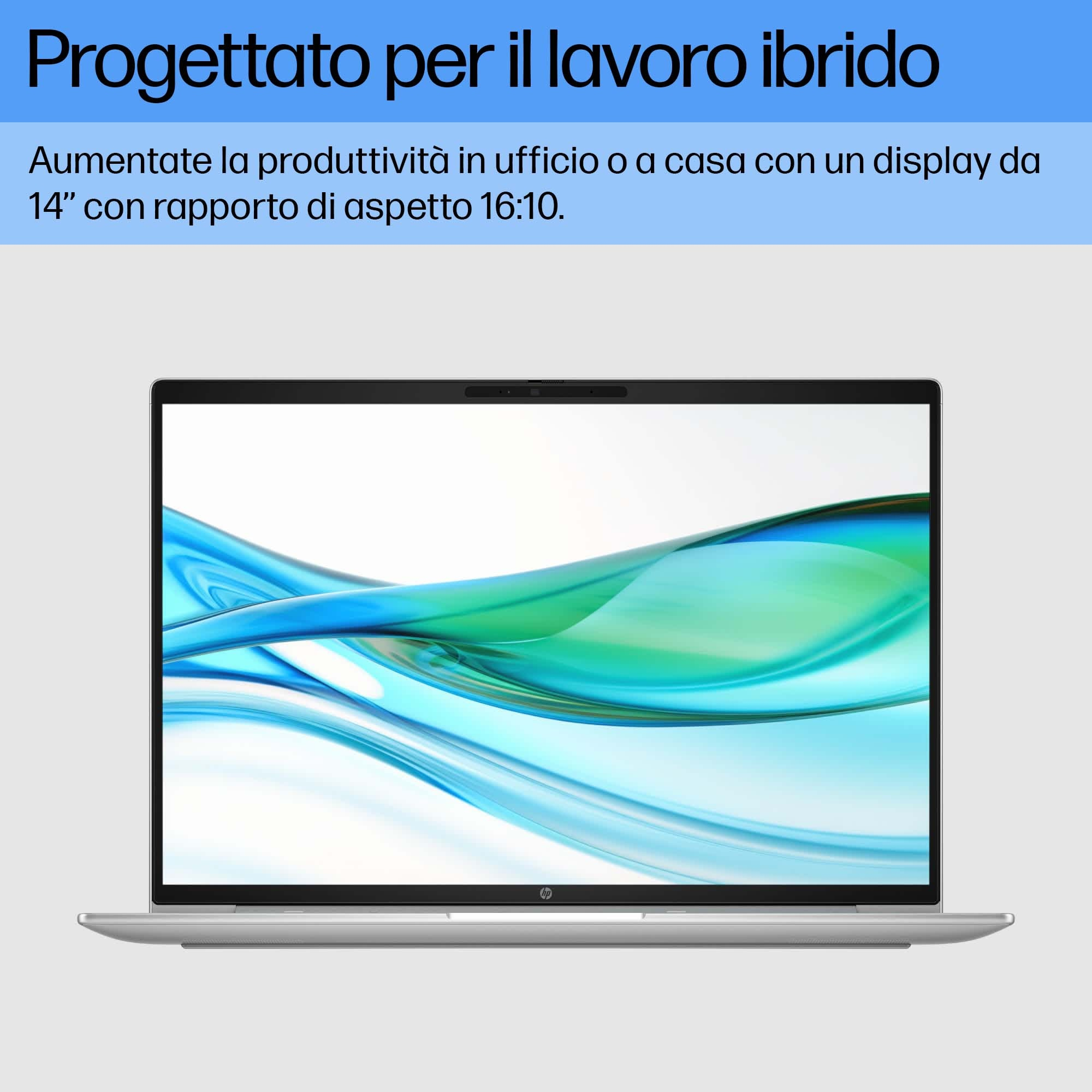 Uno schermo del laptop aperto, un testo in alto e uno sfondo bianco.