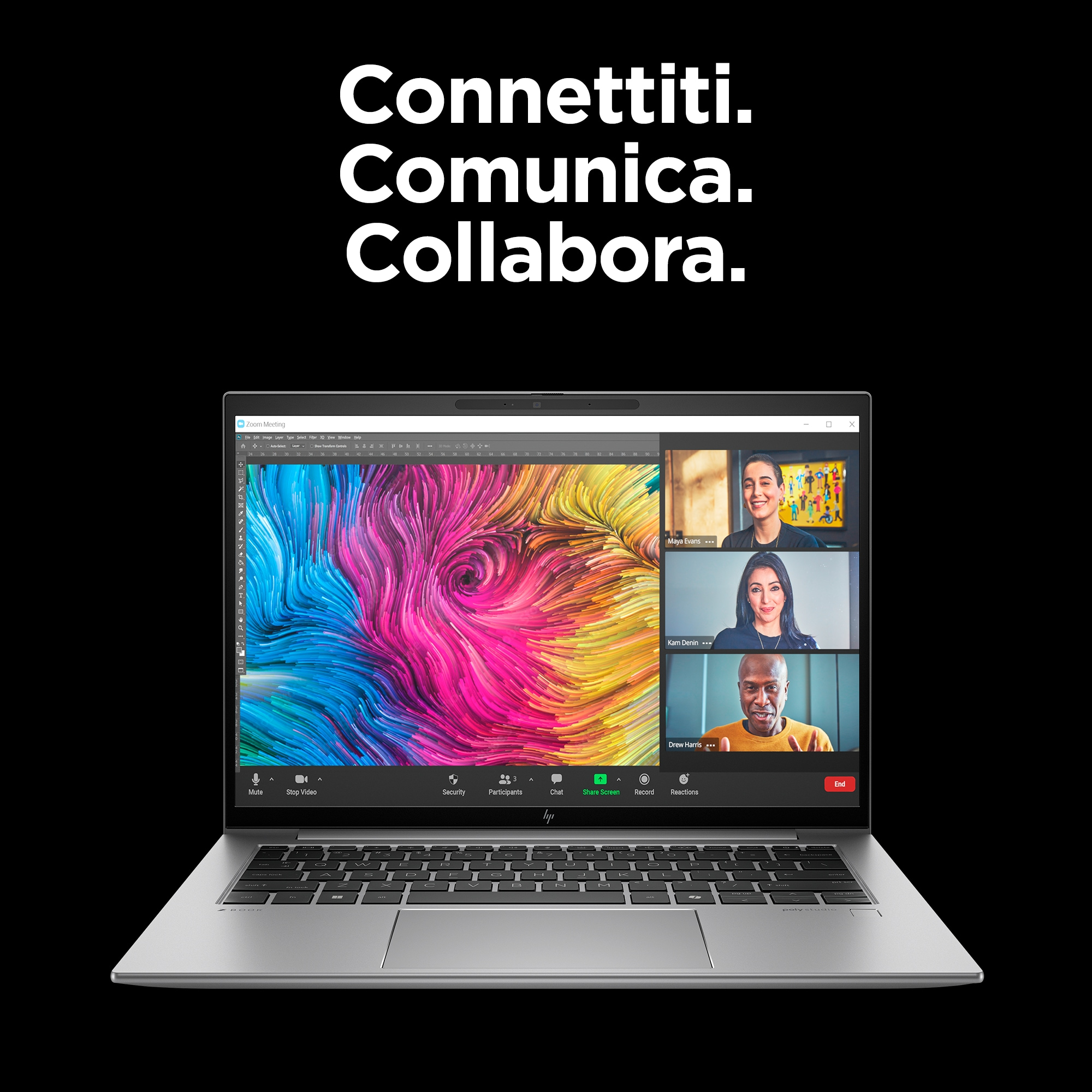 Laptop che mostra una videoconferenza con quattro partecipanti. Sfondo nero con sovrapposizione di testo.