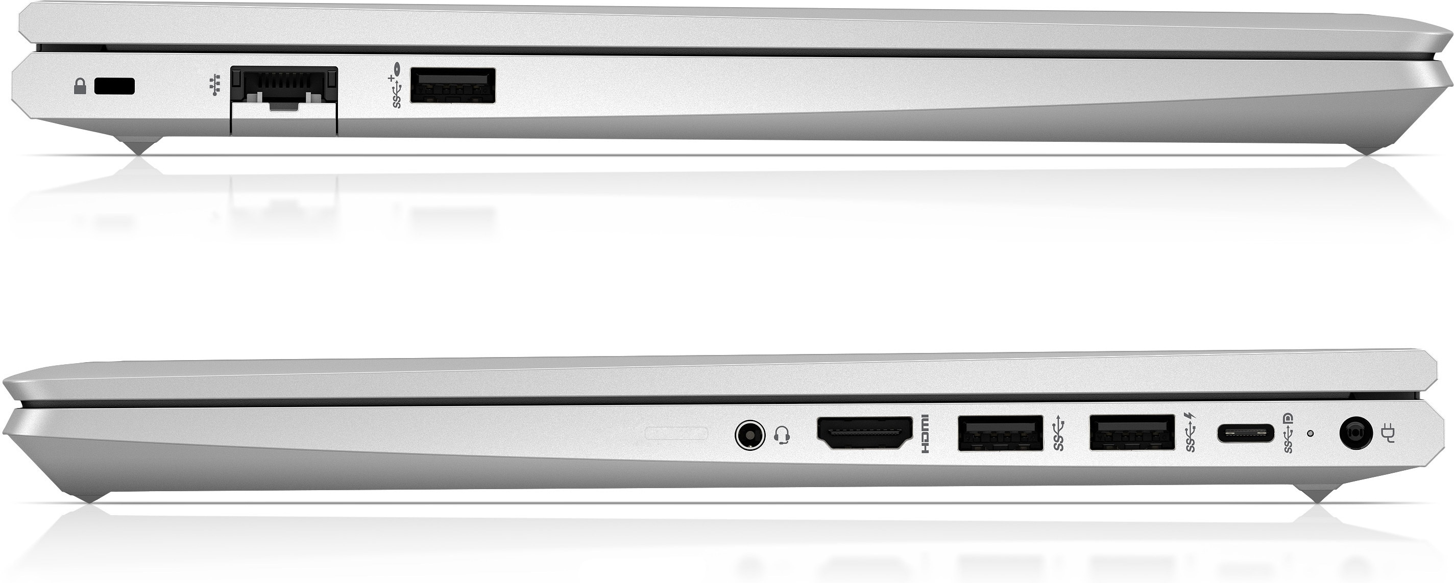 Due laptop argentati, vista laterale, che mostrano le porte. Isolati su bianco.
