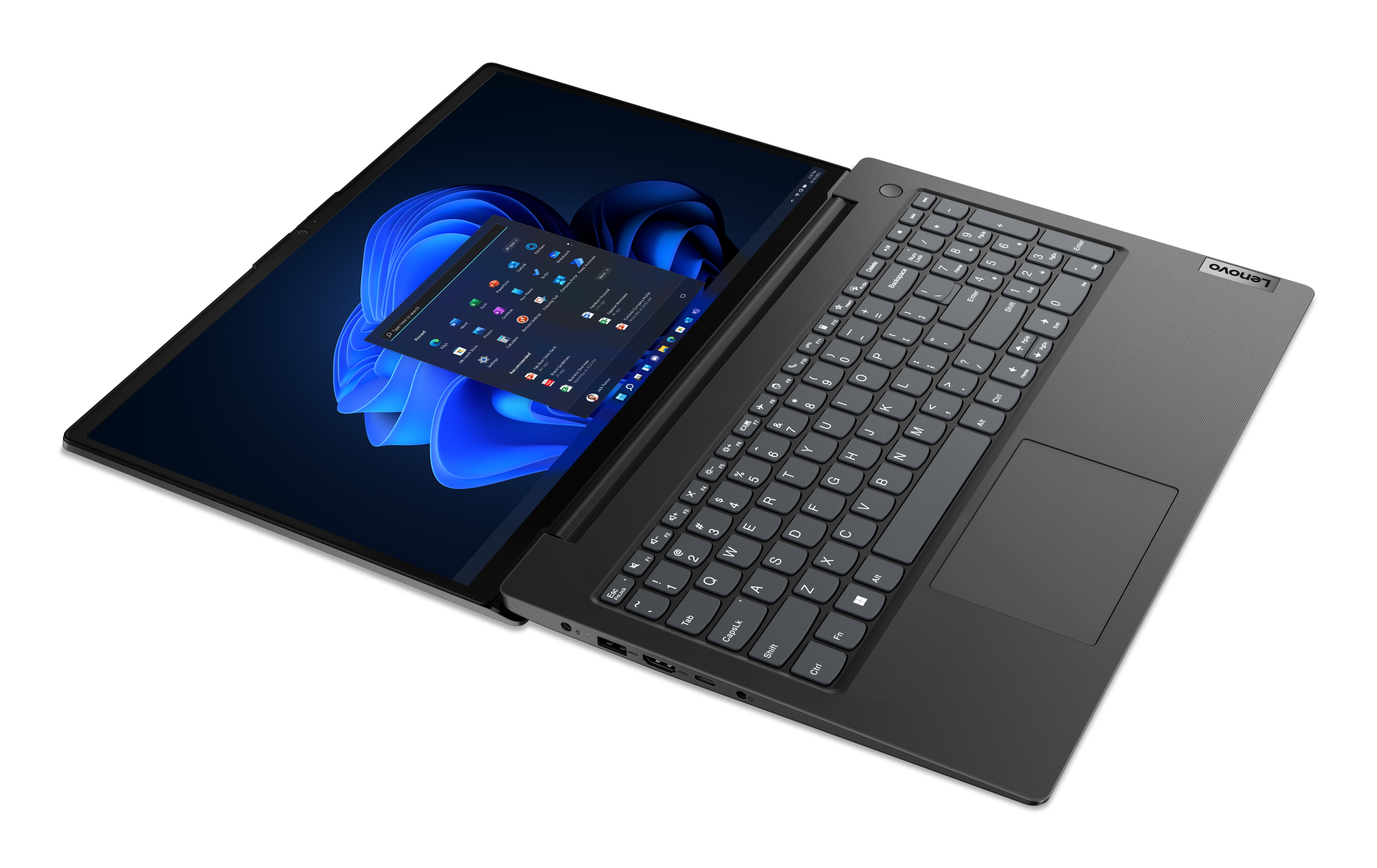 Laptop otwarty na białej powierzchni, Windows 11 widoczny, klawiatura, logo Lenovo.