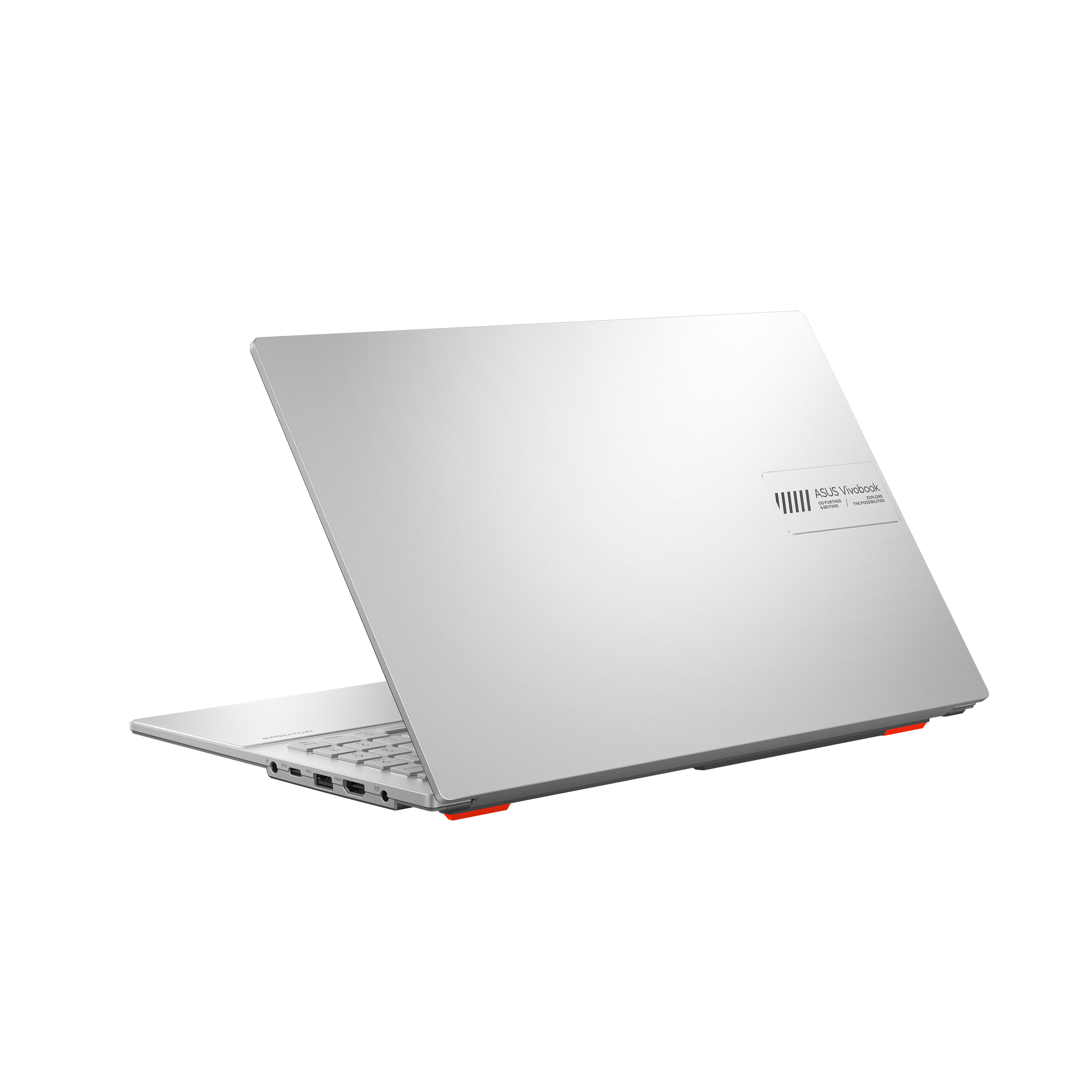 Srebrny laptop z tyłu. Posiada logo ASUS Vivobook i czerwony akcent na dole.