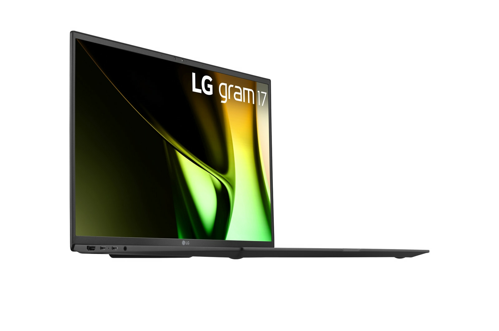 Otwarty laptop LG gram 17, z gradientem zieleni i żółci na ekranie.