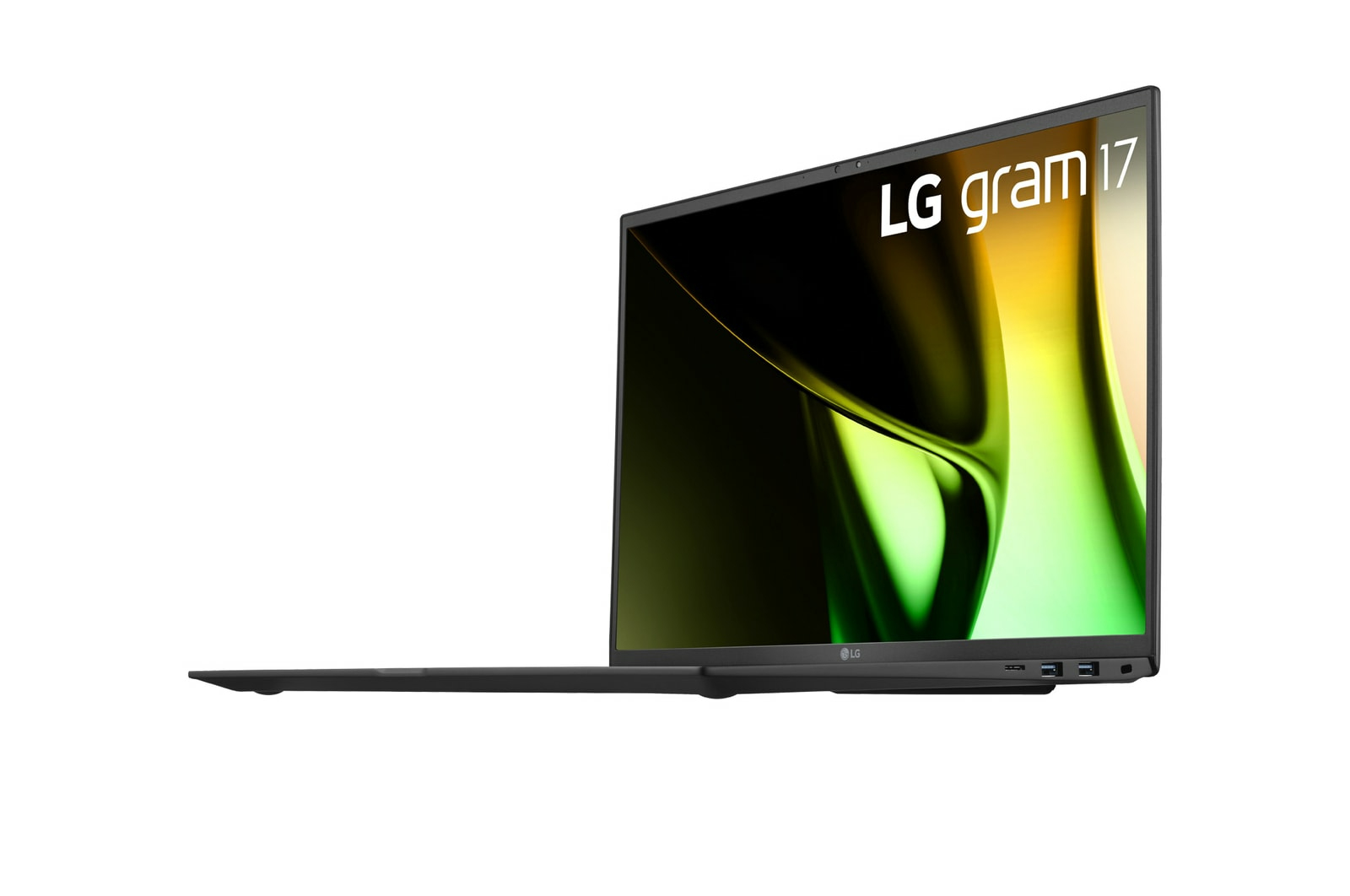 Un portátil LG Gram 17 negro abierto, mostrando la pantalla. El logotipo de LG es visible.