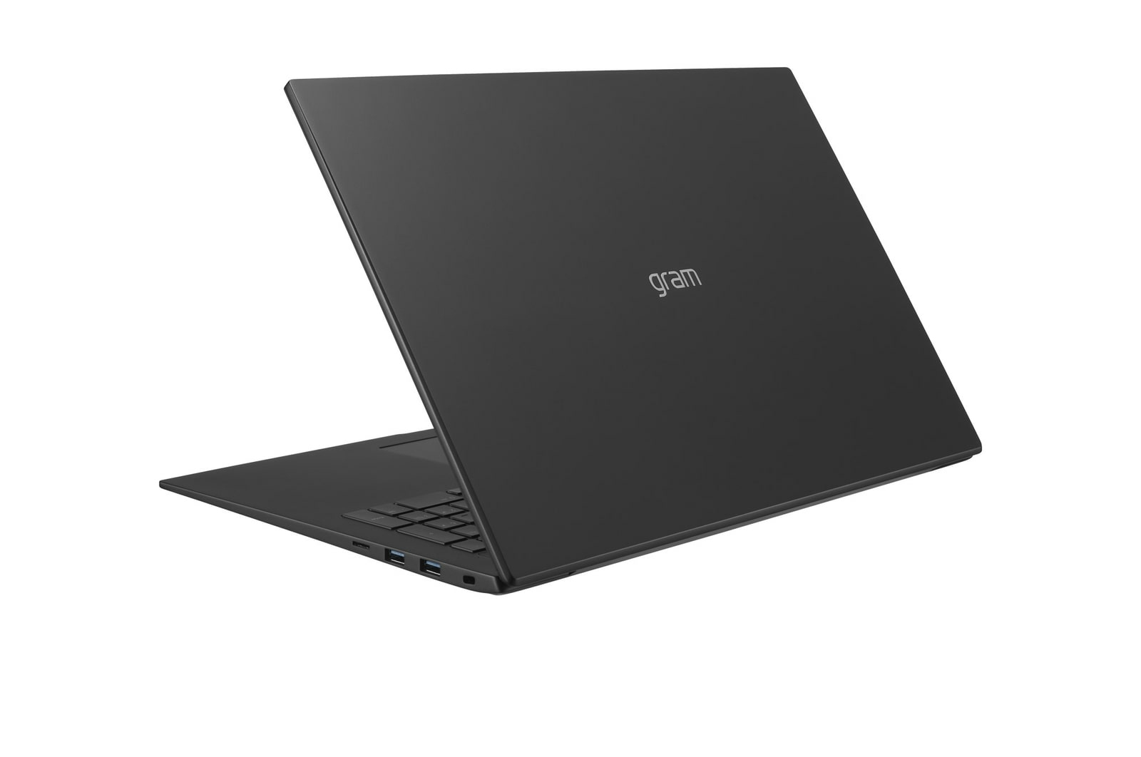 Portátil LG Gram negro, ligeramente abierto, mostrando teclado y puertos, fondo blanco.