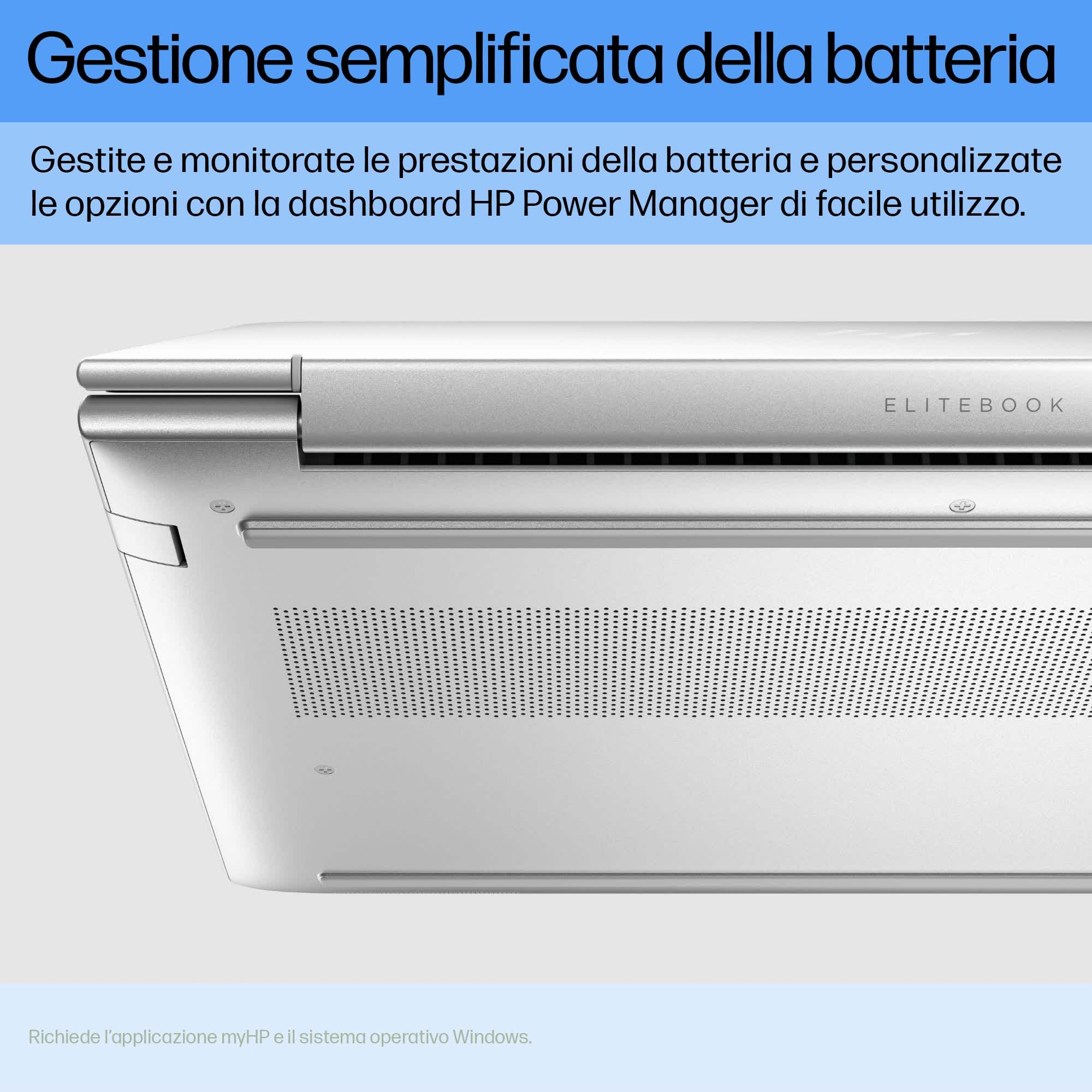 Angolo del laptop, con testo sulla gestione della batteria e 'ELITEBOOK' visibile.