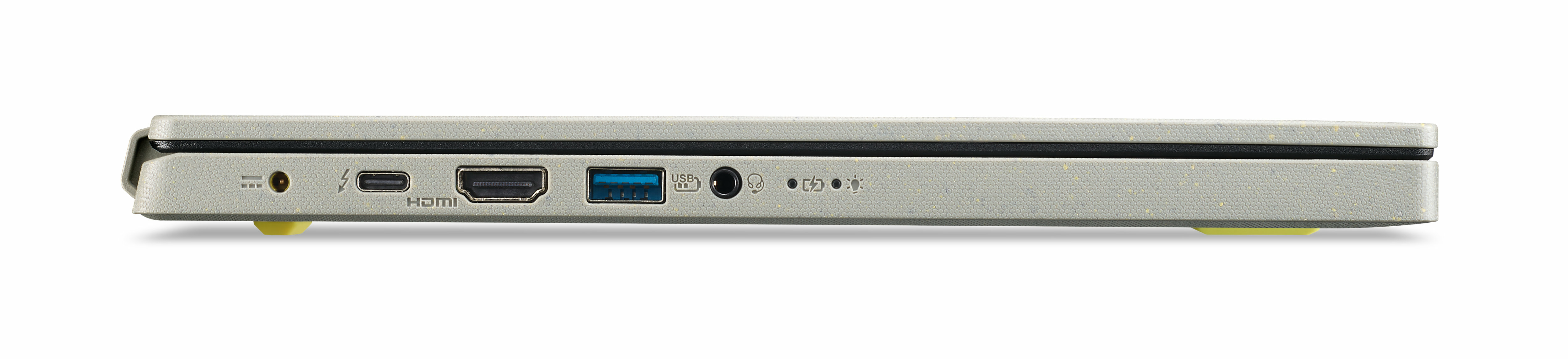 Widok z boku laptopa z portami: HDMI, USB, audio i zasilanie. Laptop jest srebrny i biały.