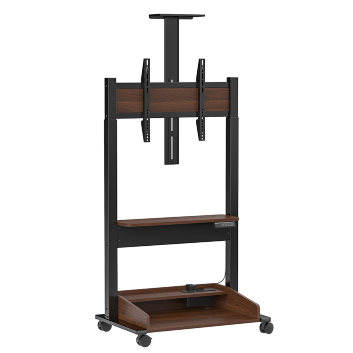 Mobiele tv-standaard met planken en wielen. Donkere houten afwerking, zwart frame en verstelbaar.