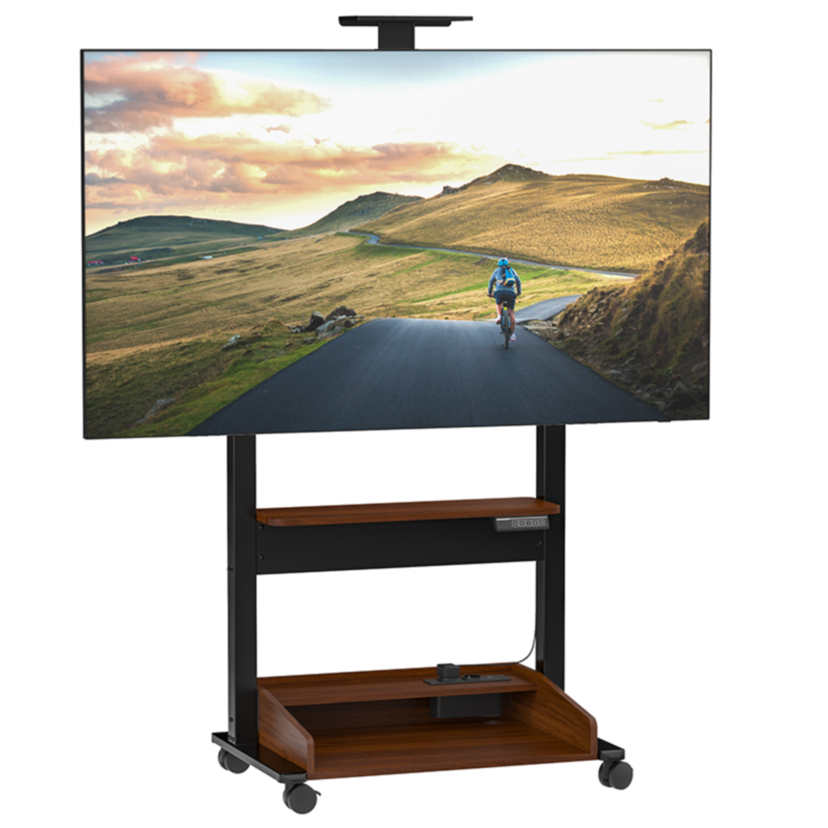 TV op een mobiele standaard, met een fietser op een weg op het scherm.