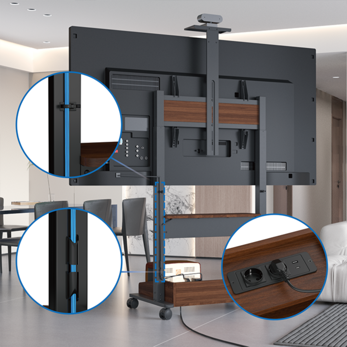 Tv-standaard met tv en details. Inclusief stopcontacten en blauw kabeldetail.