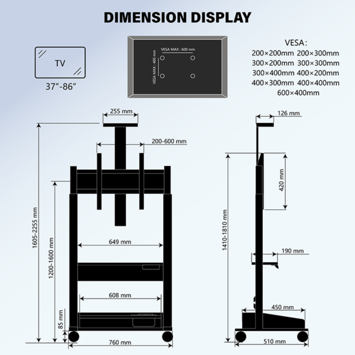 Diagram van een tv-standaard met afmetingen en specificaties.