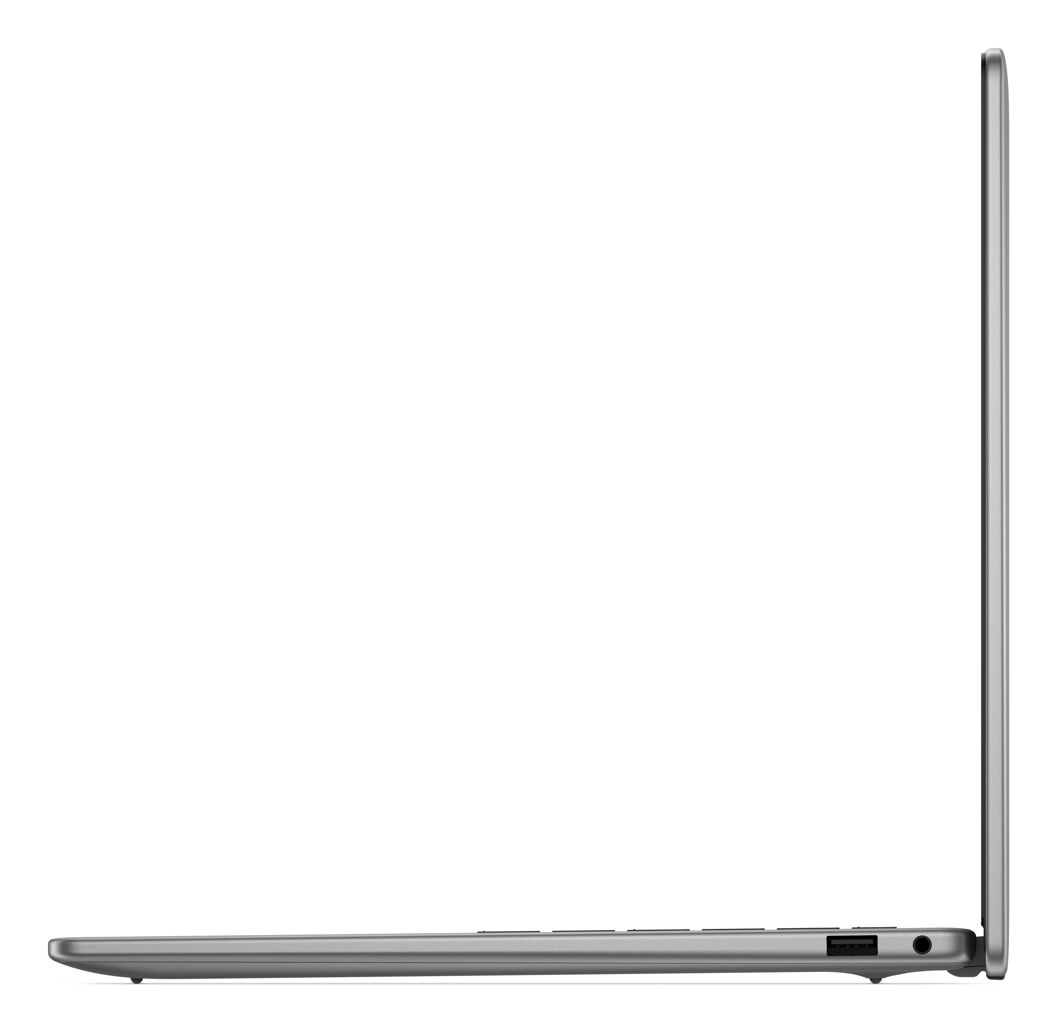 Widok z boku szarego laptopa, zamkniętego. Ekran jest czysty.