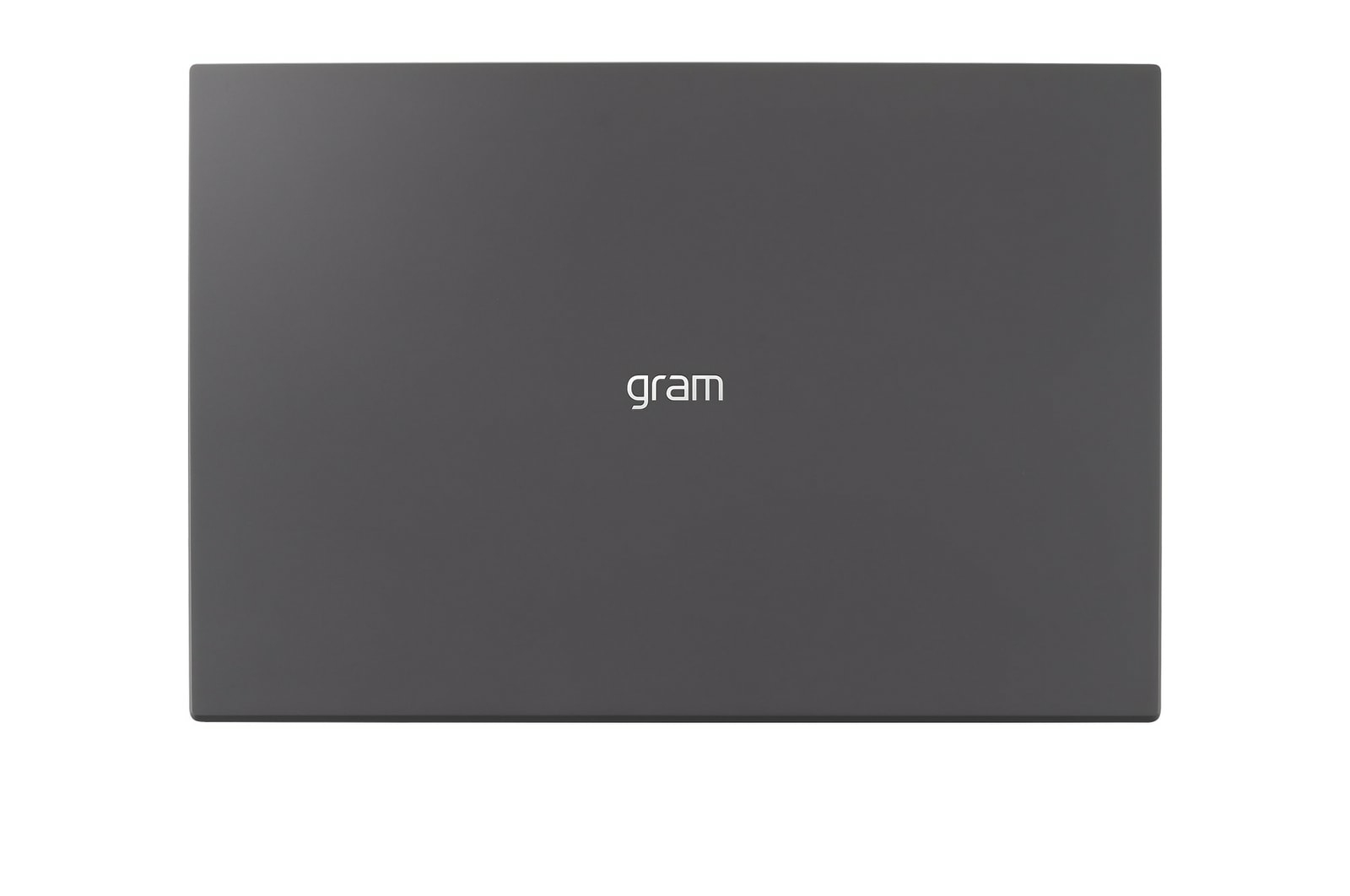 Ein dunkelgrauer Laptop mit dem Wort 'gram' oben. Es befindet sich auf einem weißen Hintergrund.