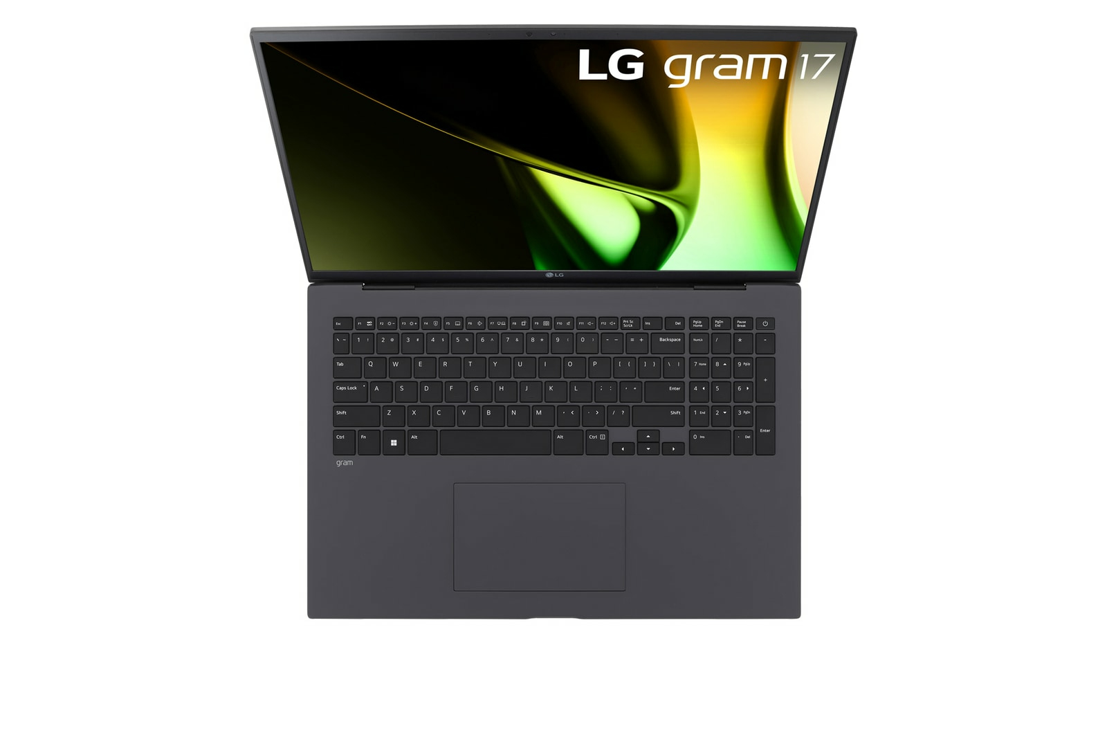 Ein Laptop mit dem LG gram 17 Logo oben, geöffnet, und der Bildschirm ist auf einer weißen Oberfläche.