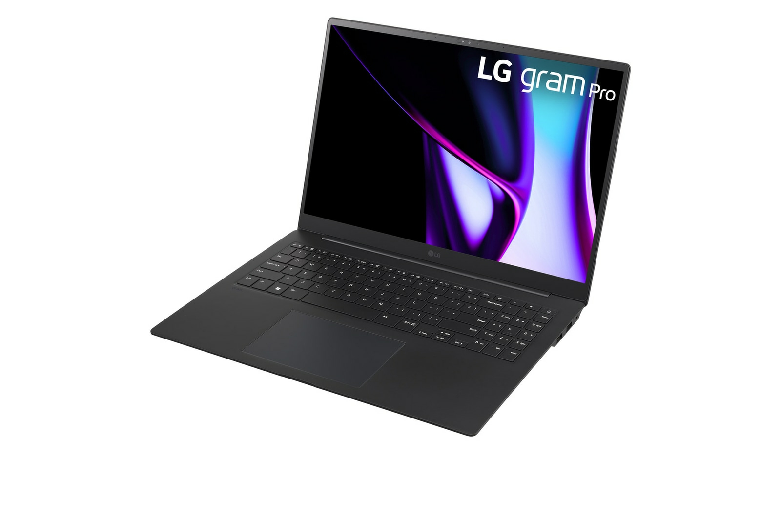 Czarny laptop LG gram Pro na białej powierzchni.