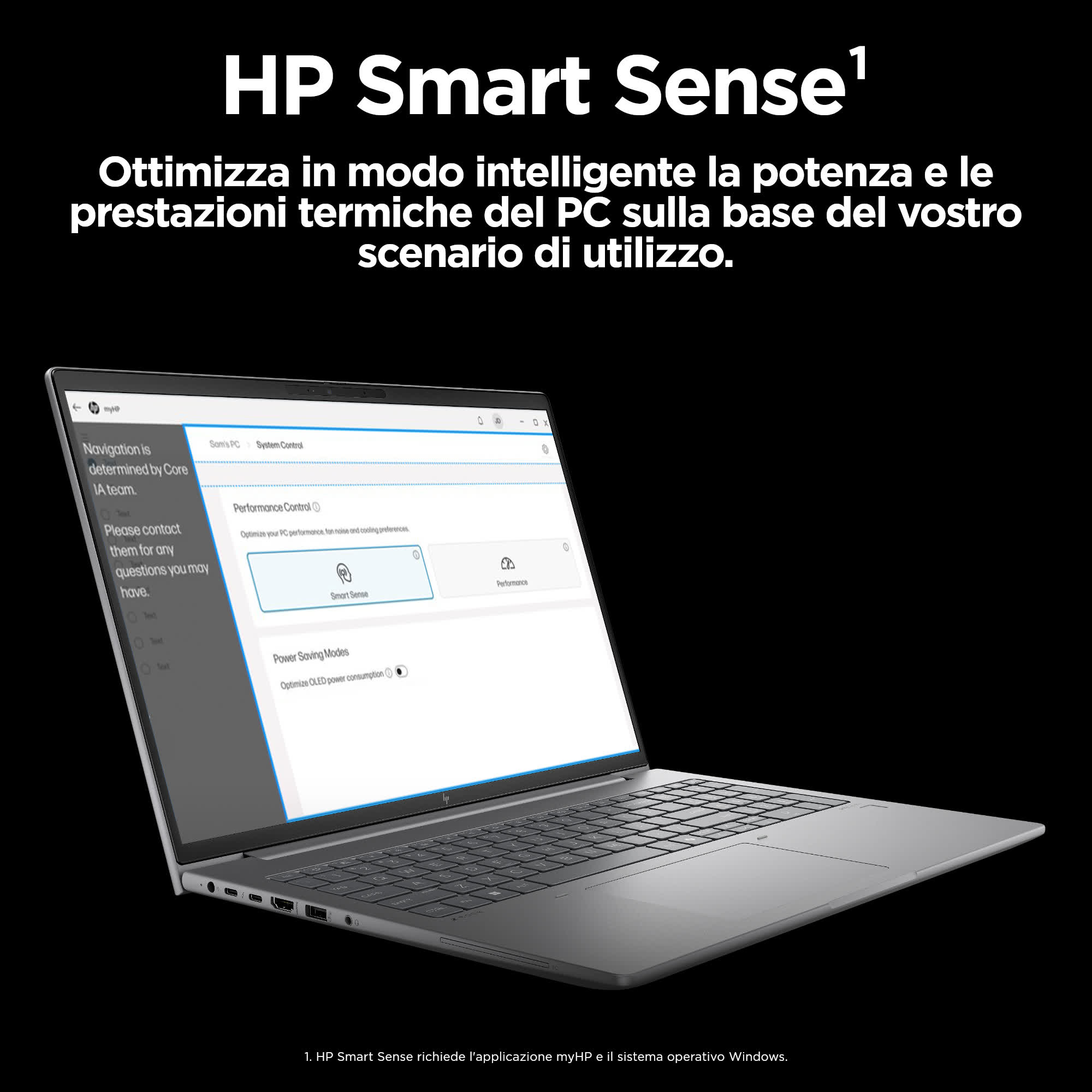 Schermo del laptop che mostra i dettagli di HP Smart Sense. Testo e grafica visibili.
