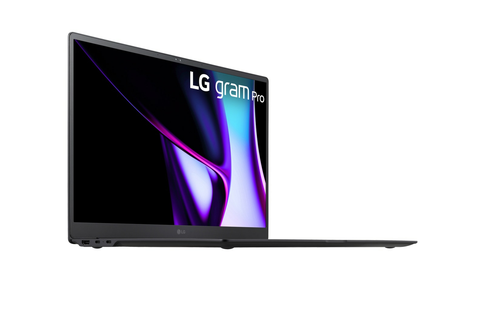 Laptop LG gram Pro, czarny, otwarty, na białym tle. Ekran pokazuje fioletowy wzór.