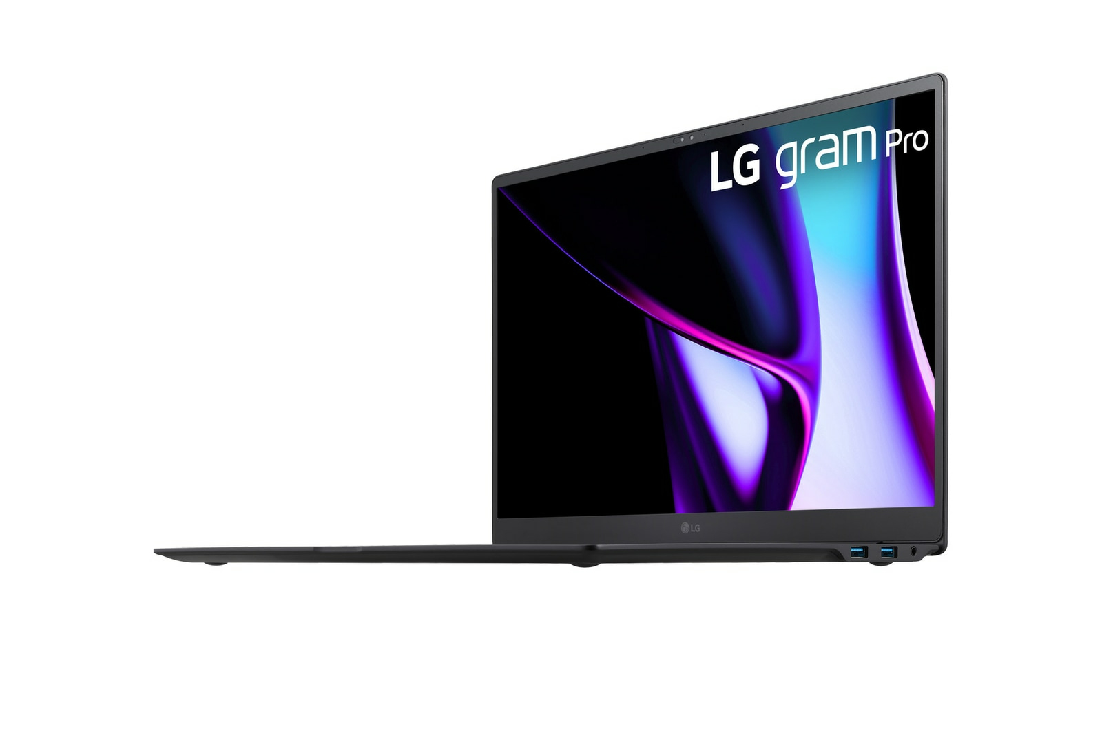 Czarny laptop LG gram Pro, widok z boku. Ekran jest czarny, a tło białe.