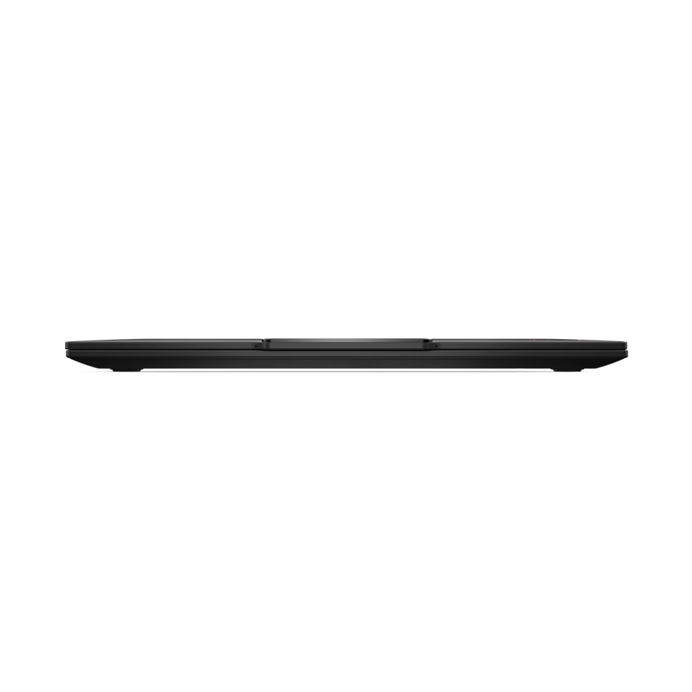 Laptop nero, chiuso, visto di lato. Sfondo bianco. Il laptop è posizionato orizzontalmente.