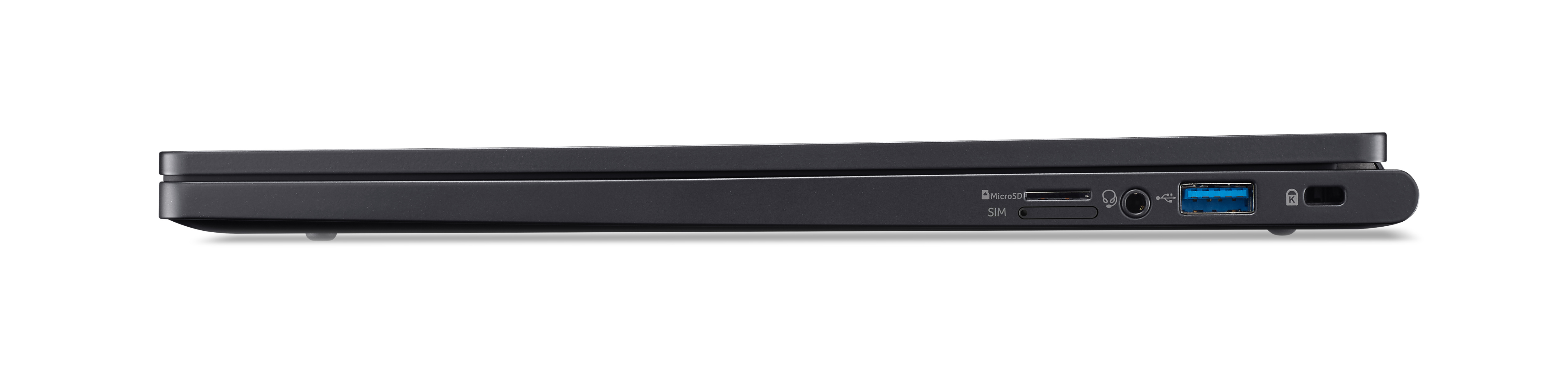 Vista laterale di un laptop nero che mostra varie porte e connessioni.