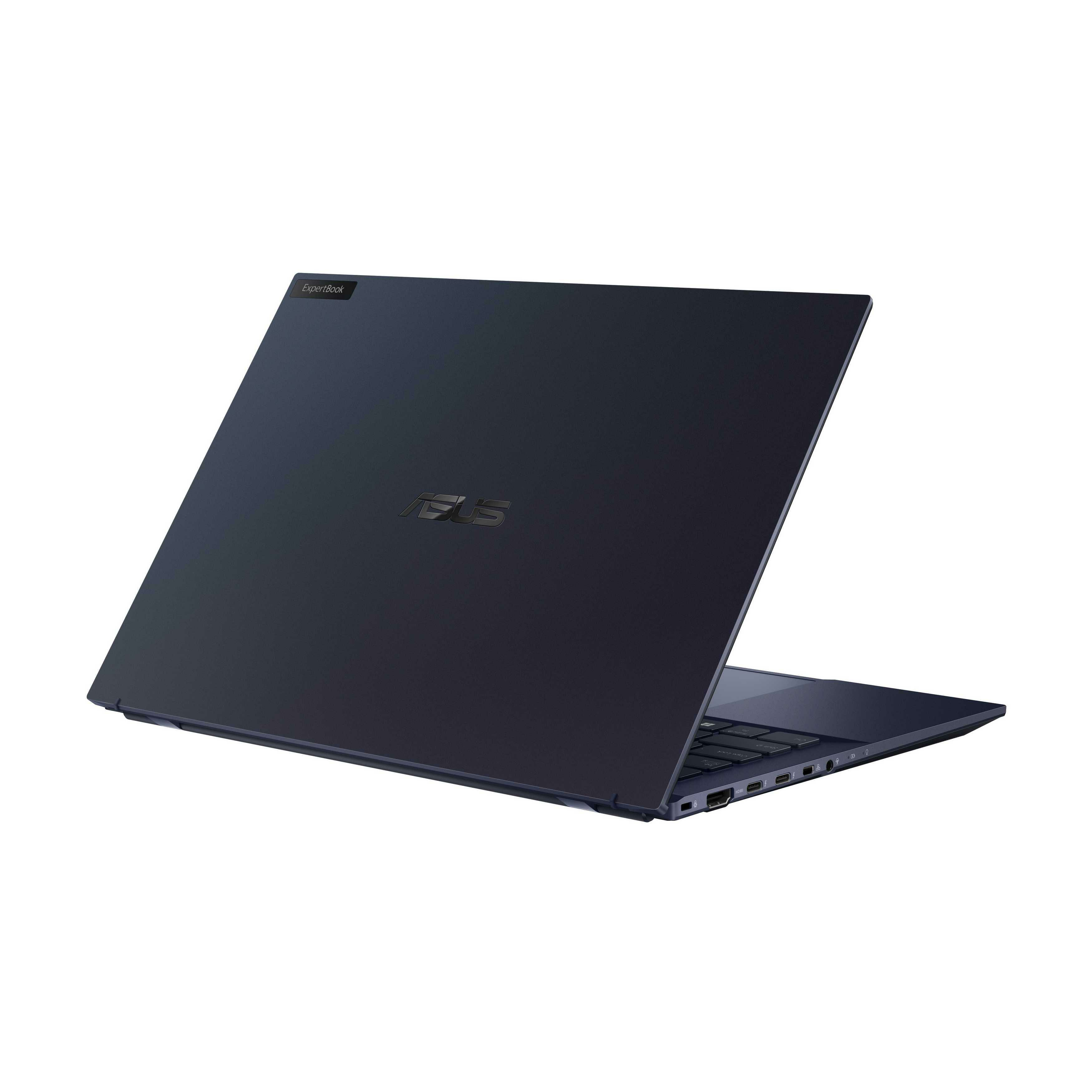 Portátil azul oscuro con tapa cerrada que muestra el logo ASUS, vista en ángulo.