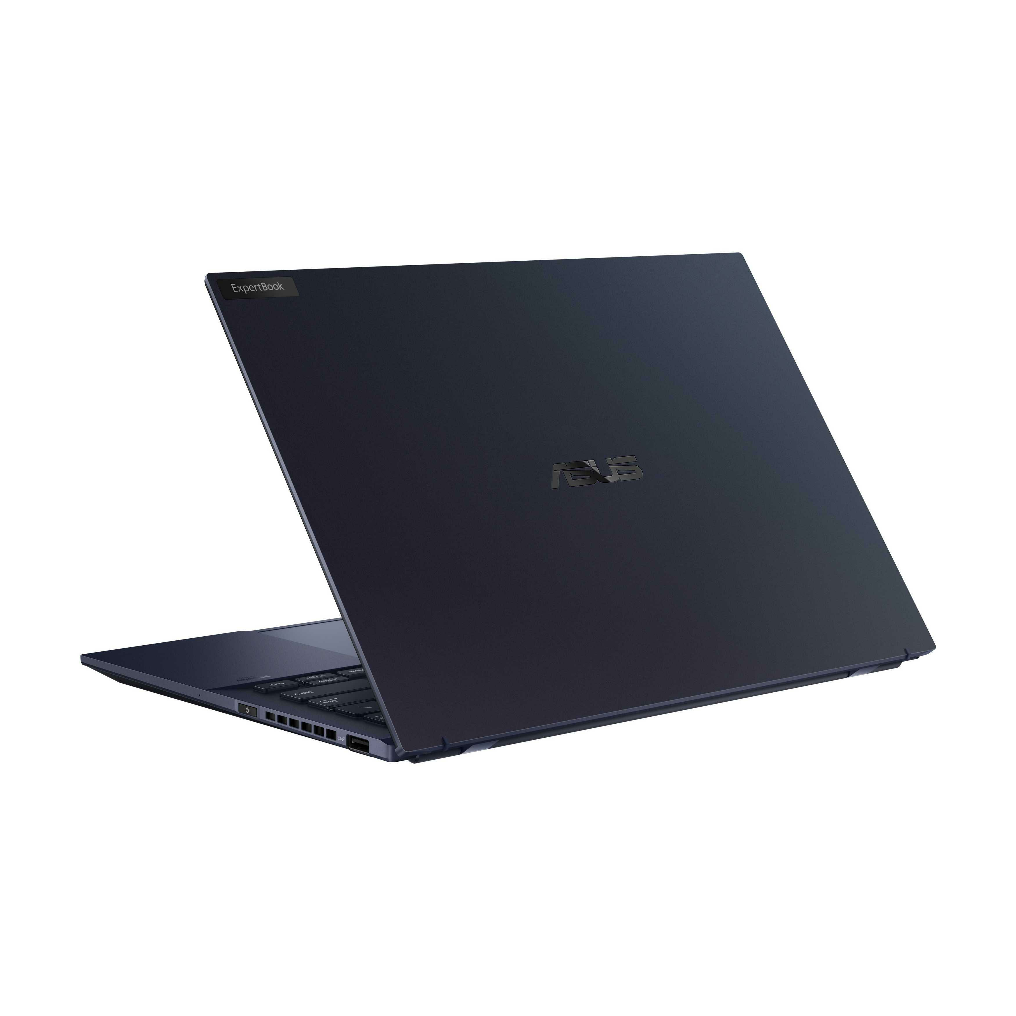 Ordenador portátil azul oscuro, cerrado, sobre fondo blanco. Vista trasera, logo ASUS en el centro.
