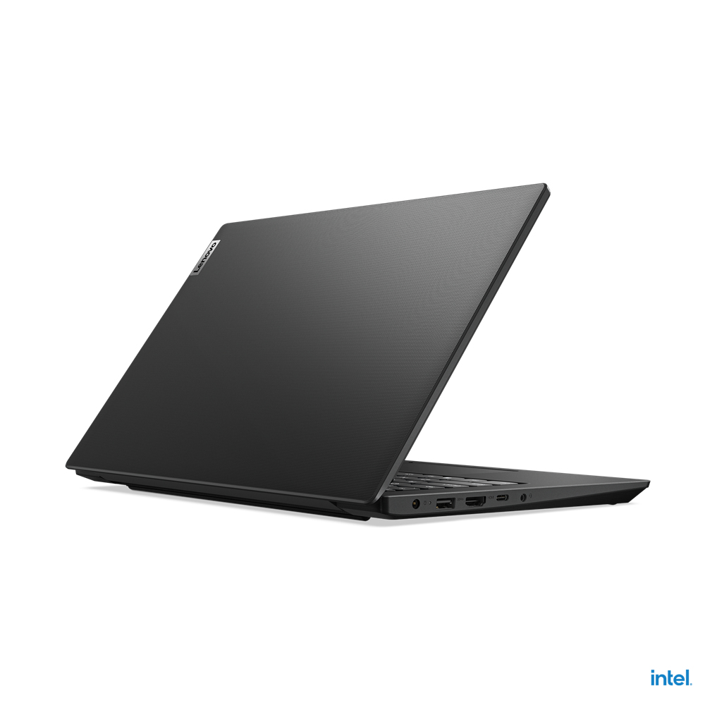 Retro di un laptop Lenovo nero, leggermente aperto, su sfondo bianco. Logo Intel visibile.