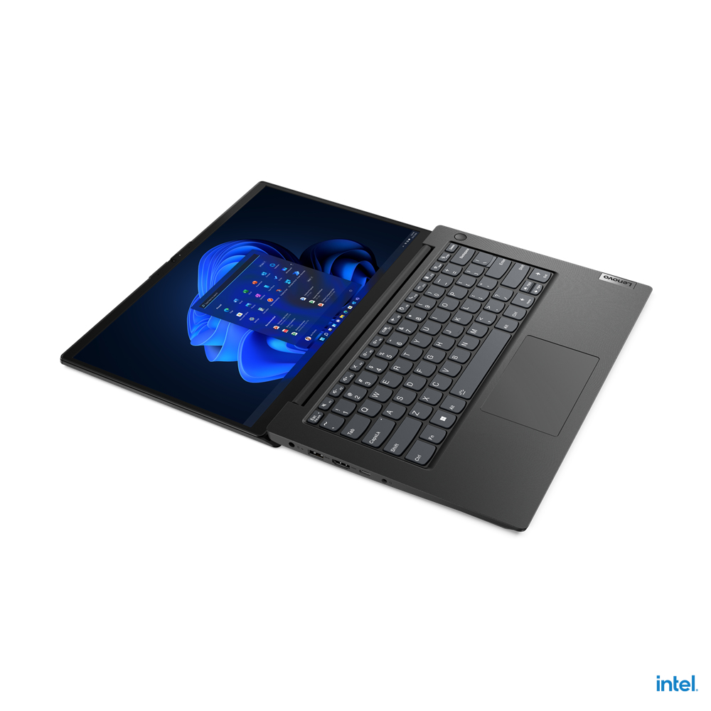 Un laptop Lenovo aperto con tastiera e schermo che mostra l'interfaccia di Windows 11.