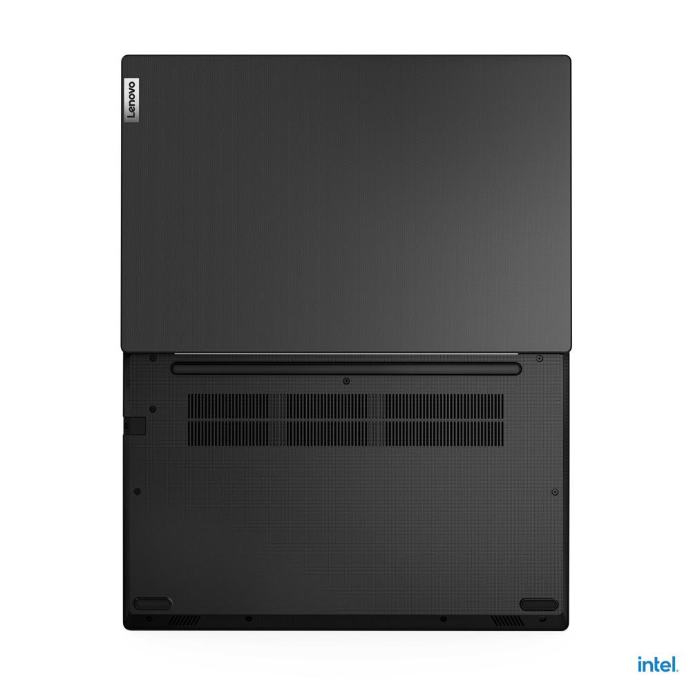 Viene mostrato il fondo di un laptop Lenovo nero. Il logo Lenovo è in alto. Mostra l'interno.