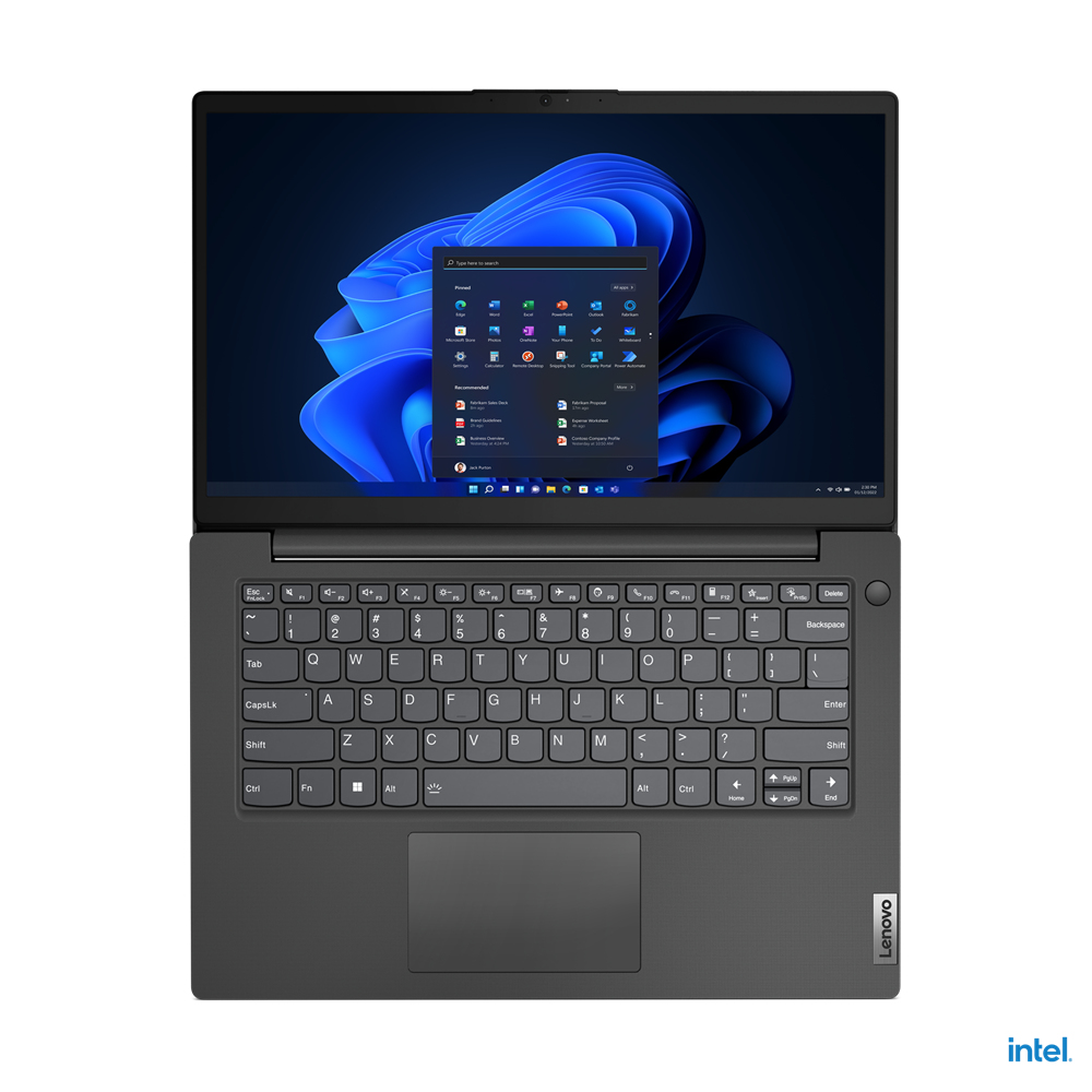 Laptop nero aperto con tastiera visibile, touchpad e schermo che mostra l'interfaccia di Windows.