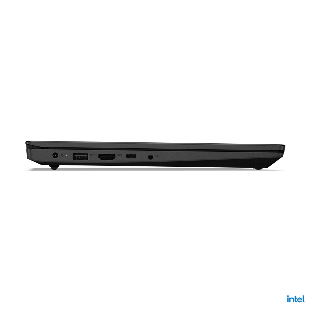 Vista laterale di un laptop nero, con porte visibili e il logo Intel.