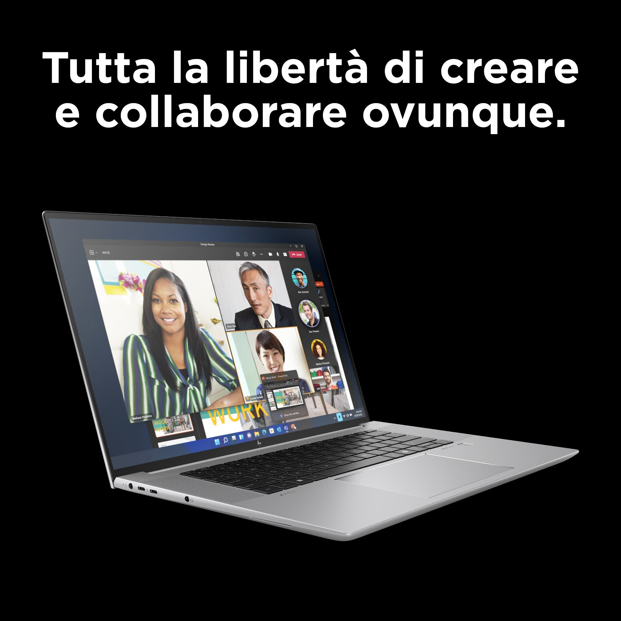 Laptop argentato con videochiamata. Testo italiano: "Tutta la libertà di creare...".