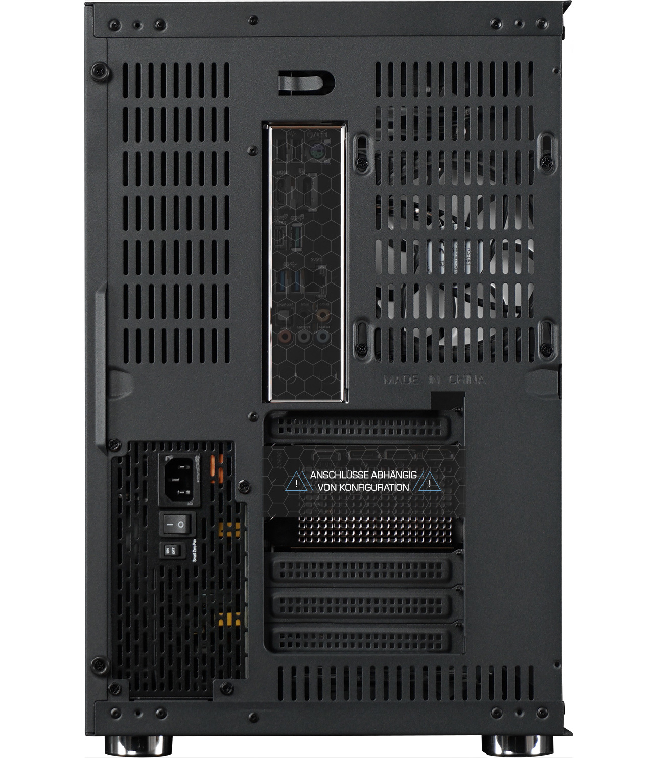 Schwarzes Computergehäuse, Rückansicht, mit verschiedenen Öffnungen, Anschlüssen und Netzteil.