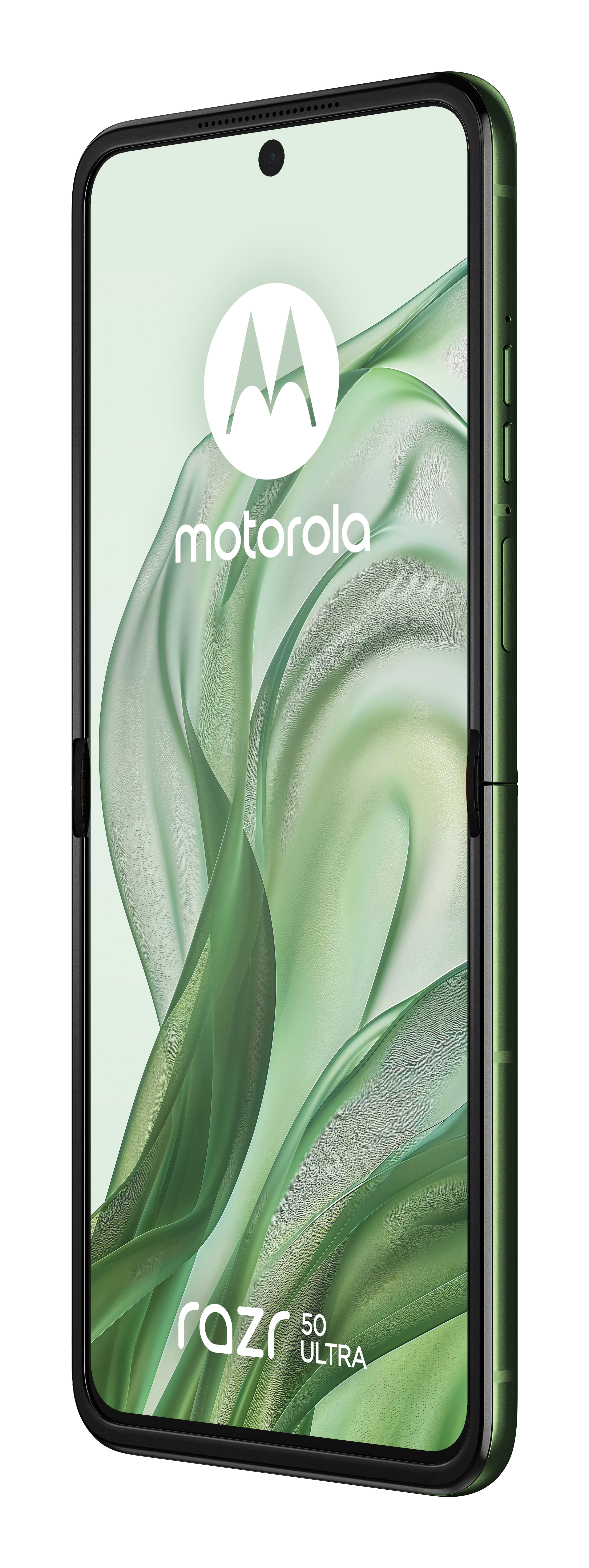 Zielony telefon Motorola Razr 50 Ultra, czarna ramka i białe logo na ekranie.