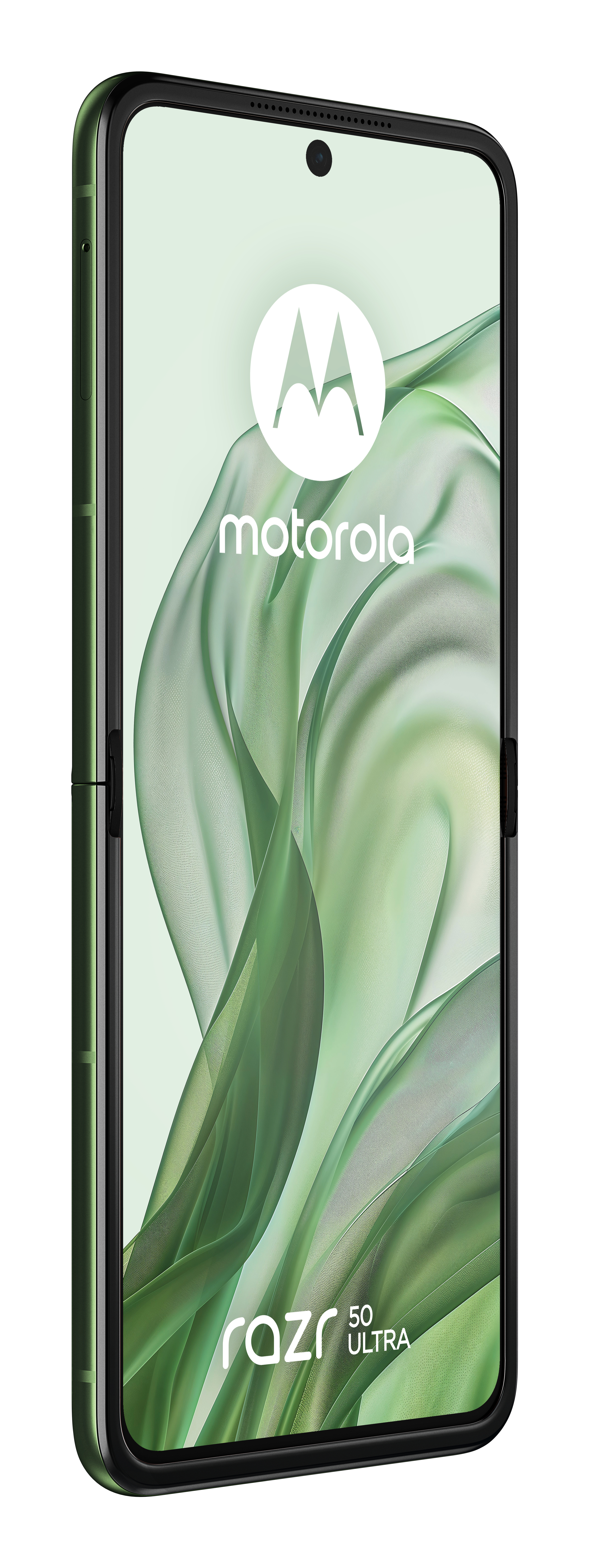 Zielony smartfon Motorola Razr 50 Ultra, złożony. Ekran pokazuje logo Motorola.