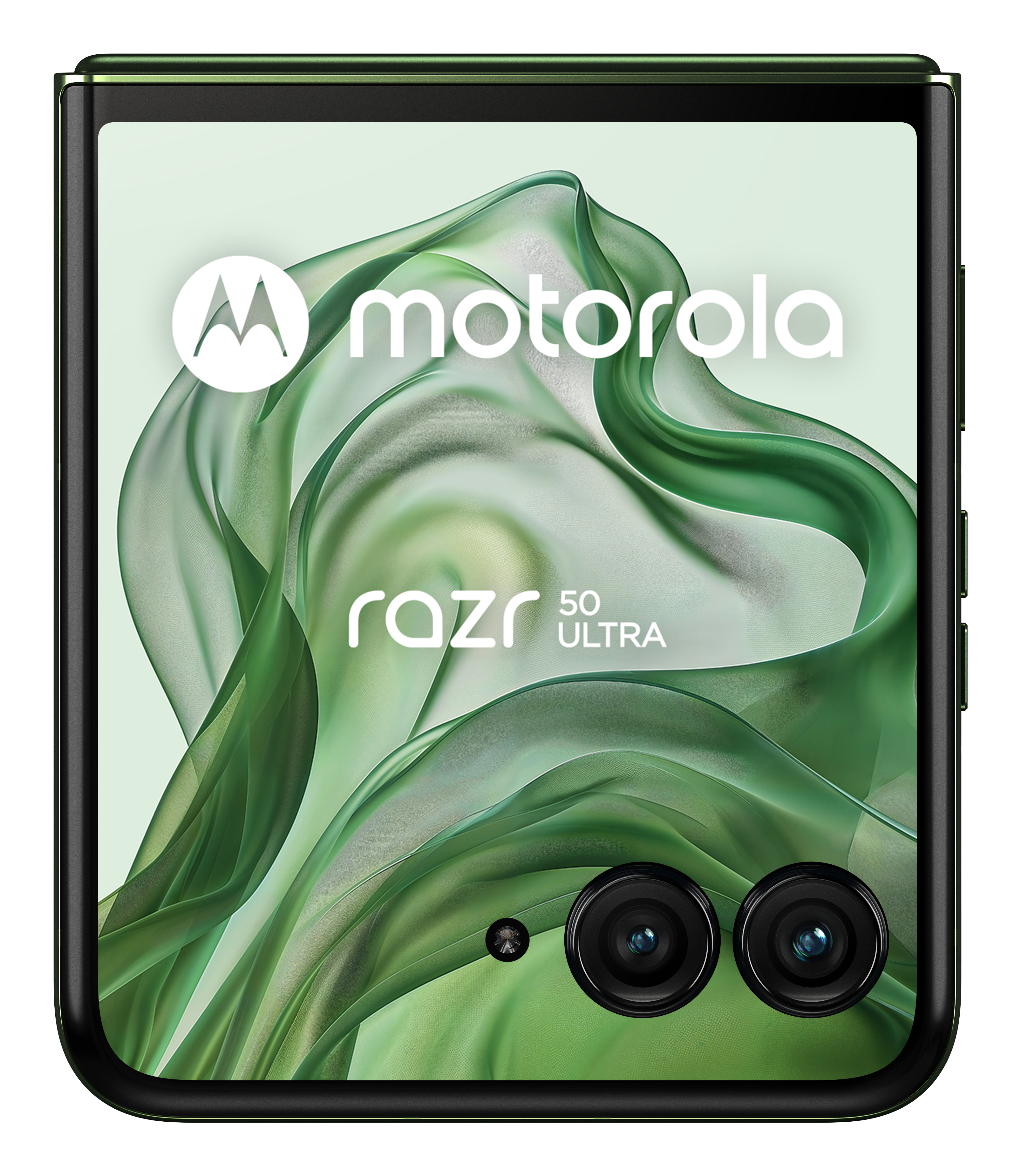 Zbliżenie złożonego telefonu Motorola Razr 50 Ultra, zielony ekran, z aparatem i logo.