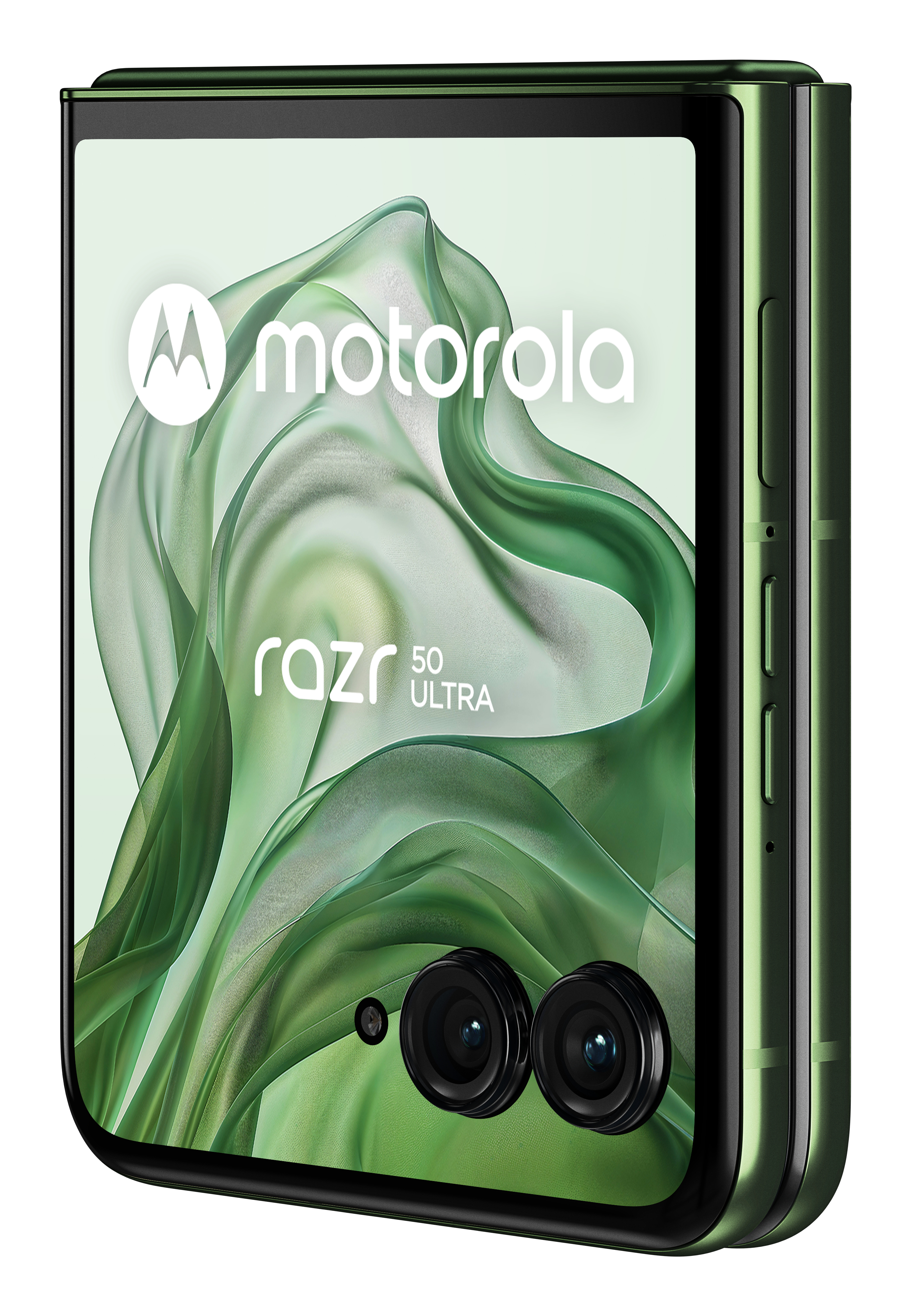 Zielony składany telefon Motorola Razr z zielonym wzorem na ekranie.