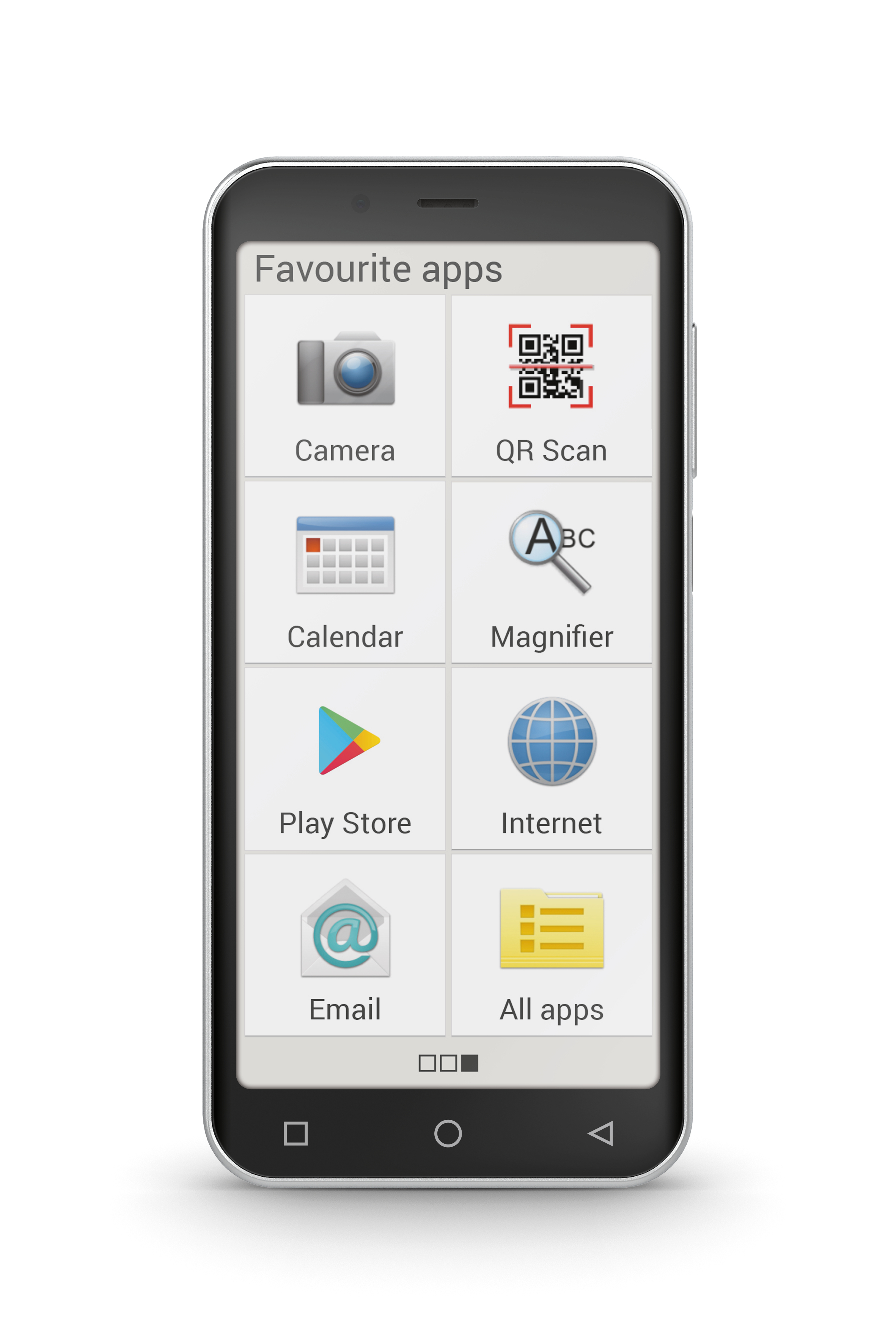 Smartfon z ikonami aplikacji na ekranie: aparat, skan QR, kalendarz i inne.