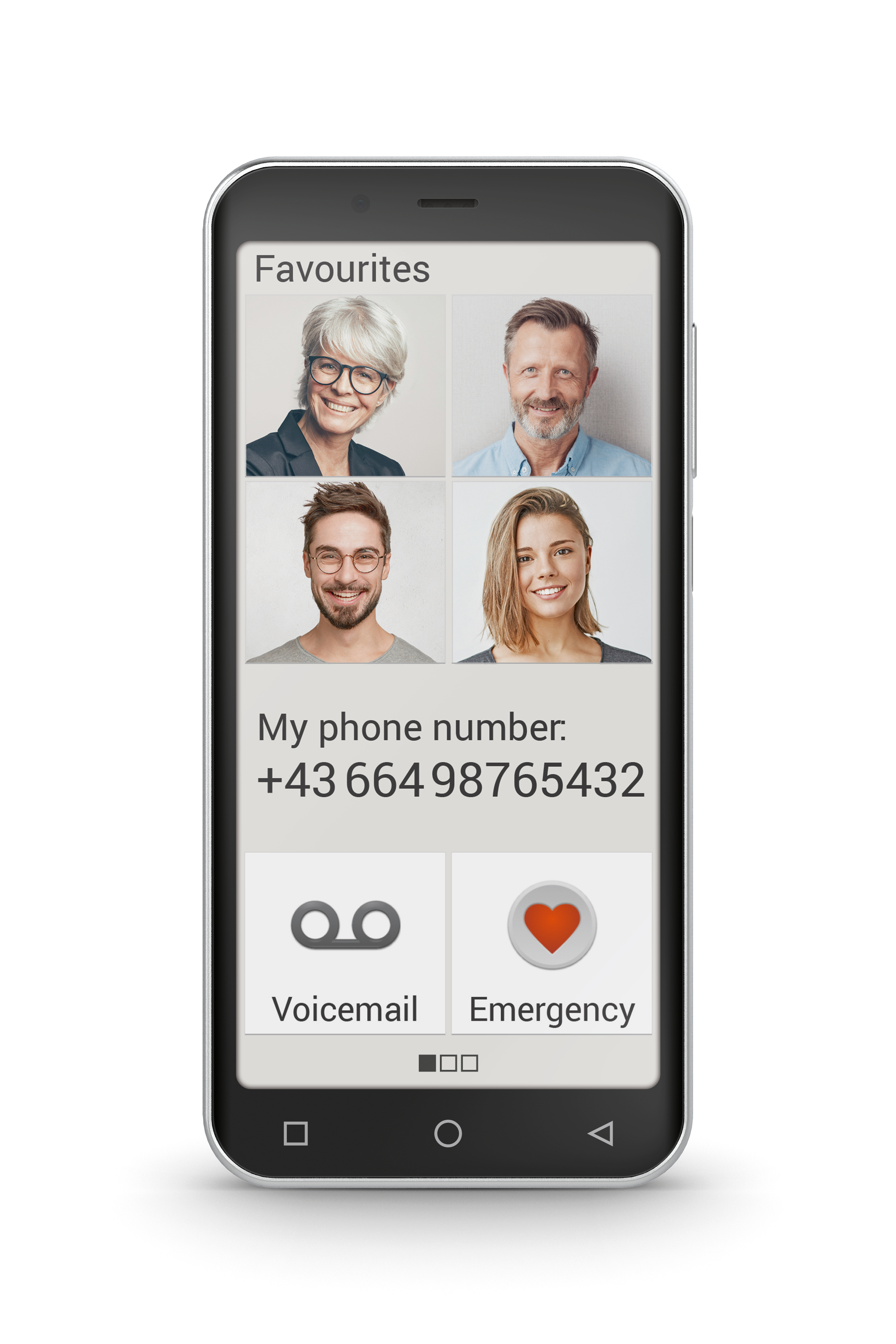 Smartfon wyświetlający zdjęcia kontaktowe i numer telefonu z przyciskami poczty głosowej i alarmowym.