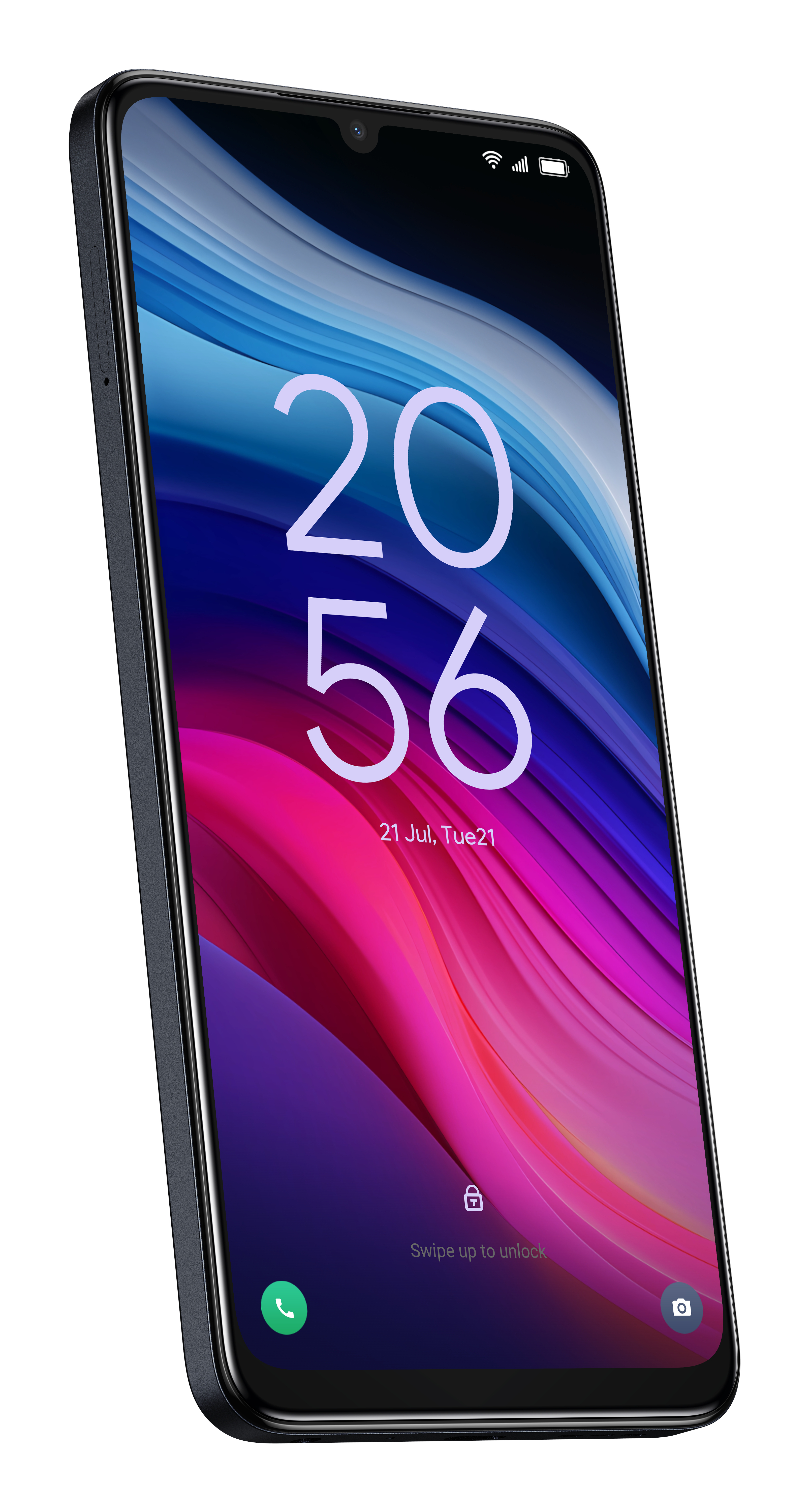 Czarny smartfon wyświetla czas i kolorowe tło. Telefon jest pochylony w prawo.