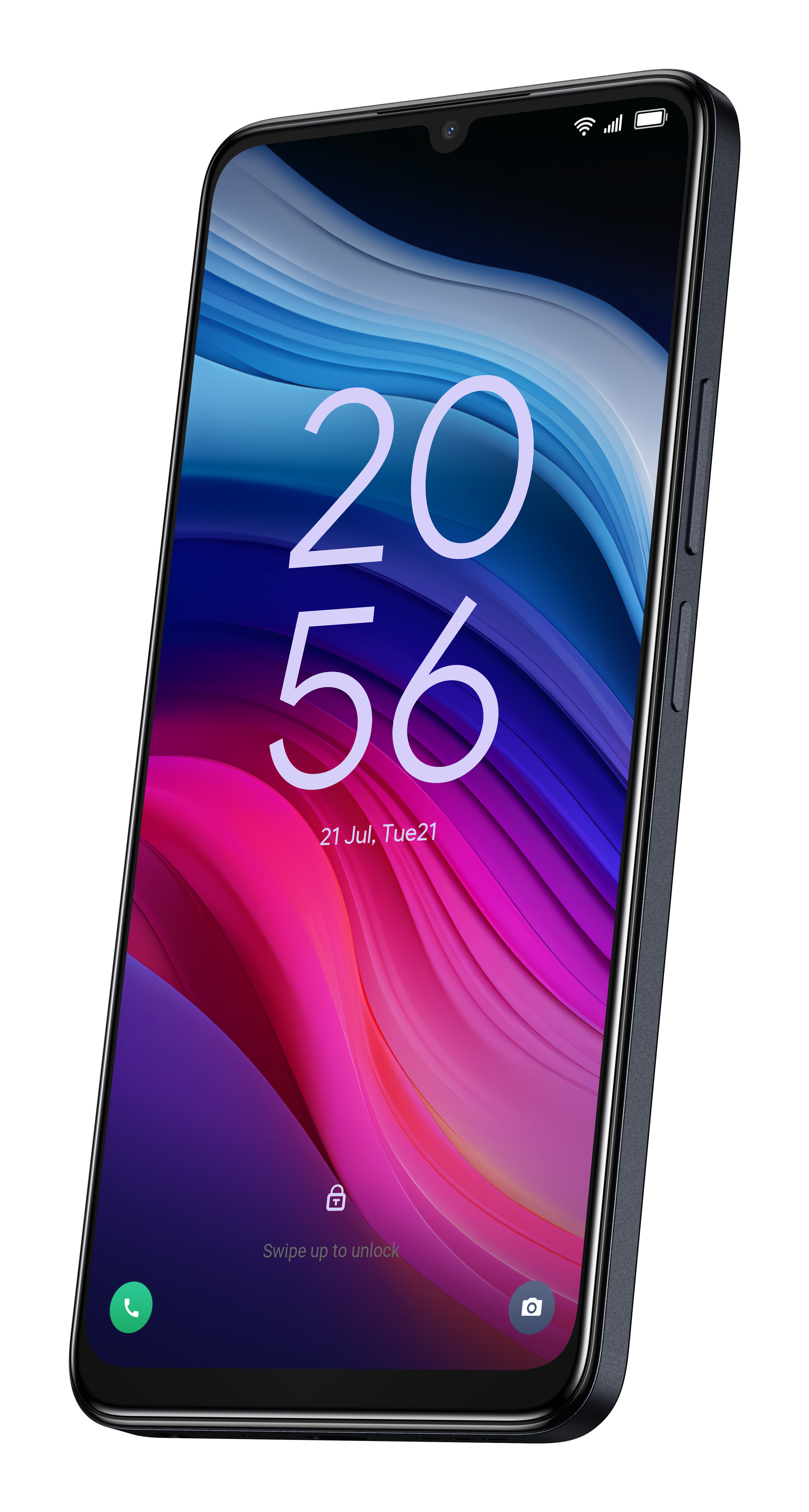 Czarny smartfon z kolorowym wyświetlaczem pokazującym godzinę 20:56, na białym tle.