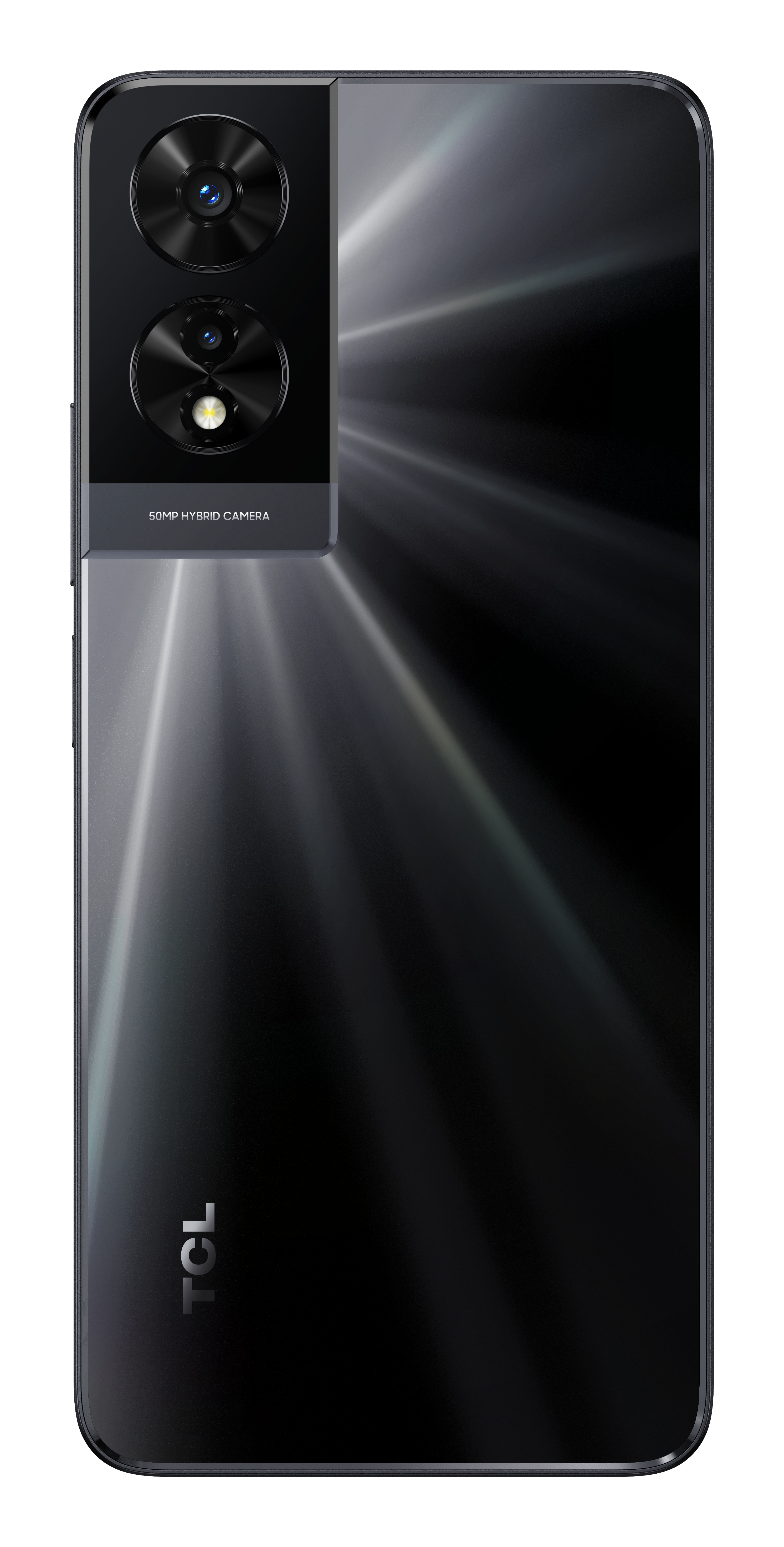 Tył czarnego telefonu z dwoma aparatami i logo TCL.