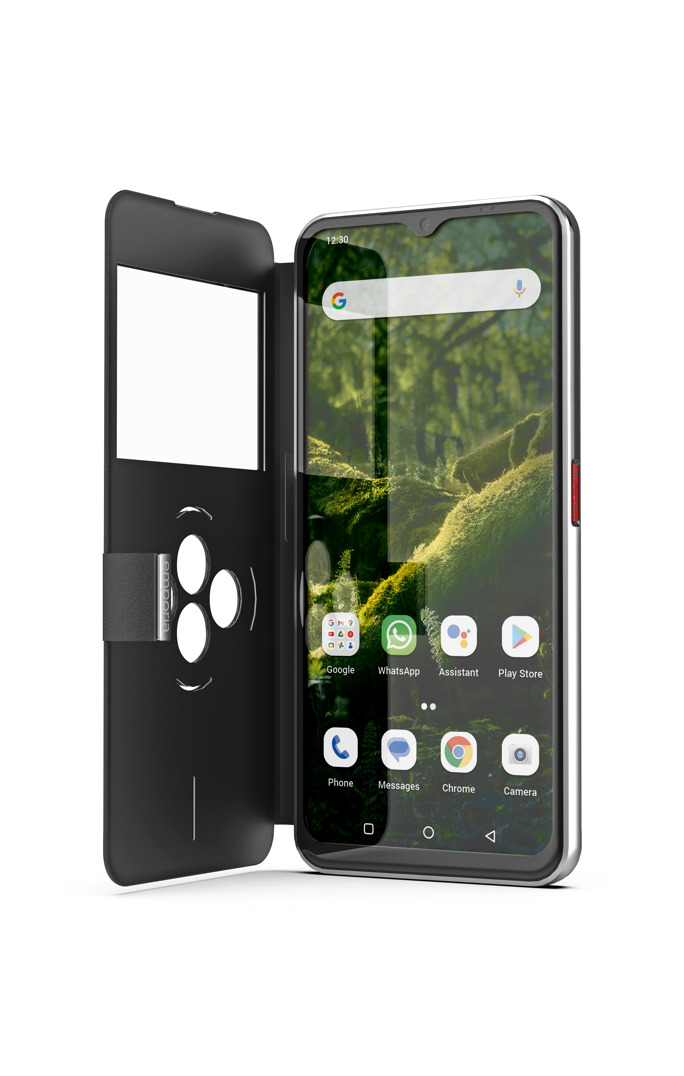 Smartphone mit geöffneter Hülle, zeigt Apps auf dem Bildschirm, weißer Hintergrund.