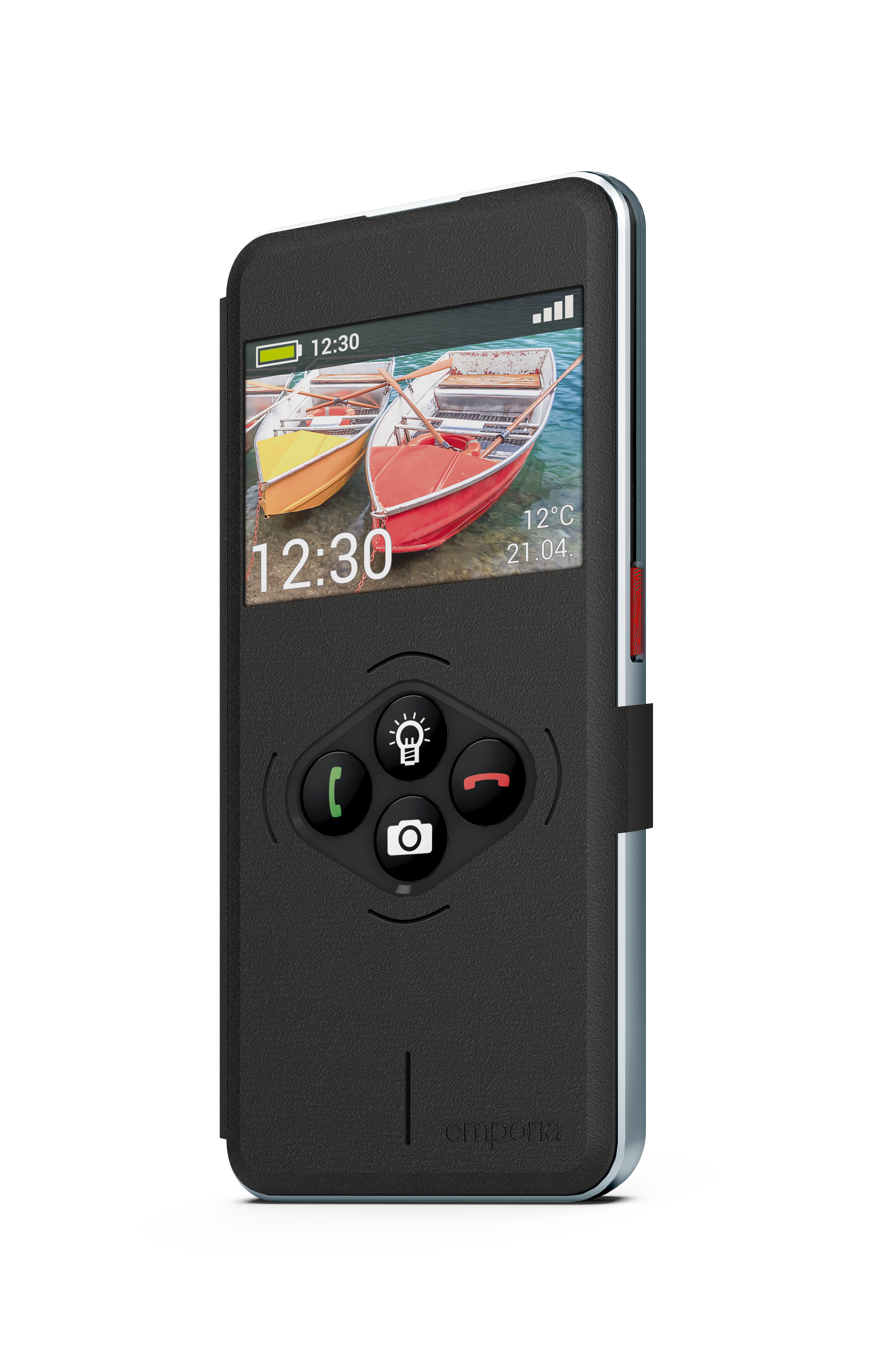 Ein schwarzes Handy mit Hülle, das die Uhrzeit und ein Bild von Booten zeigt.