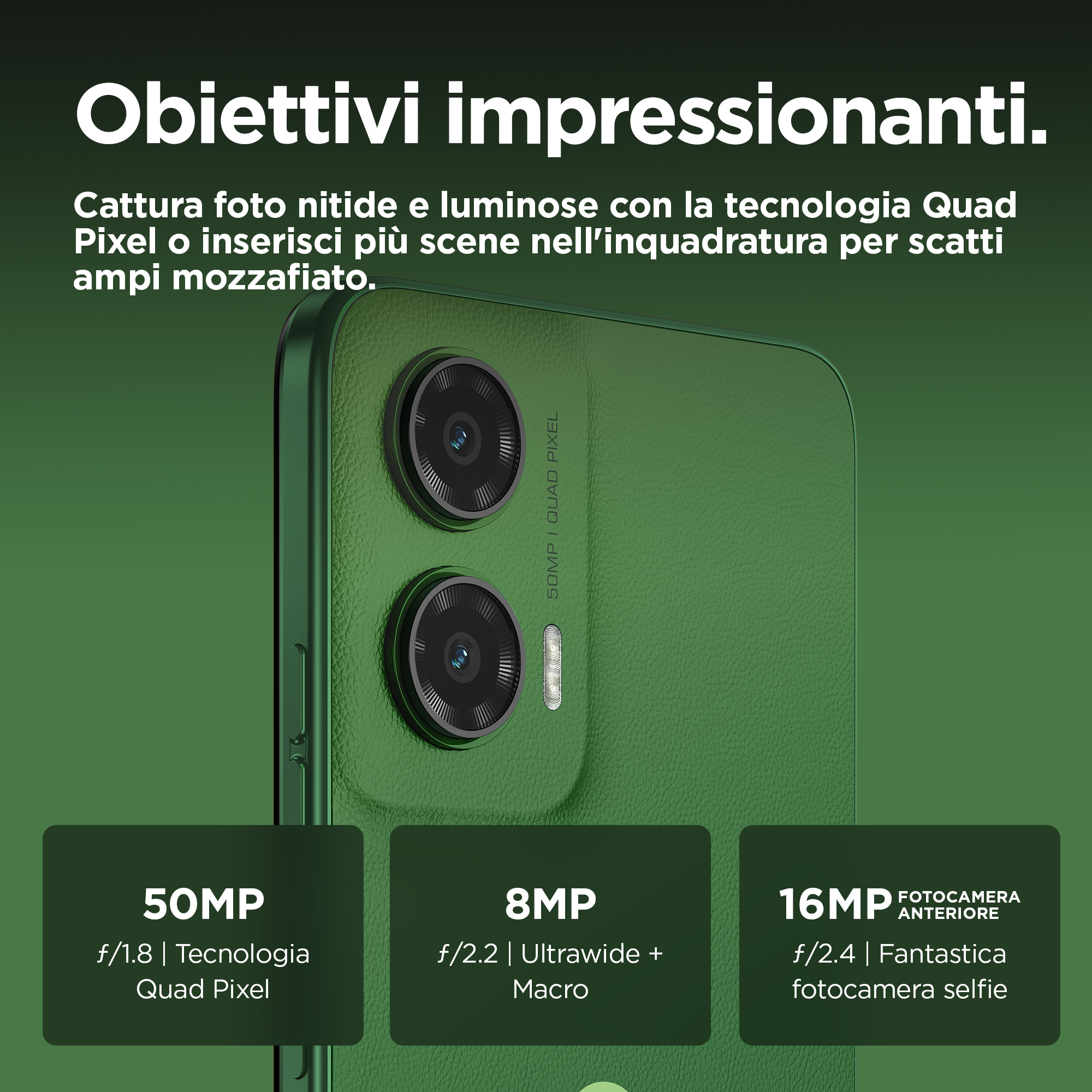 Grünes Telefon mit Dreifachkamera und Infoboxen zu den Kameraspezifikationen.